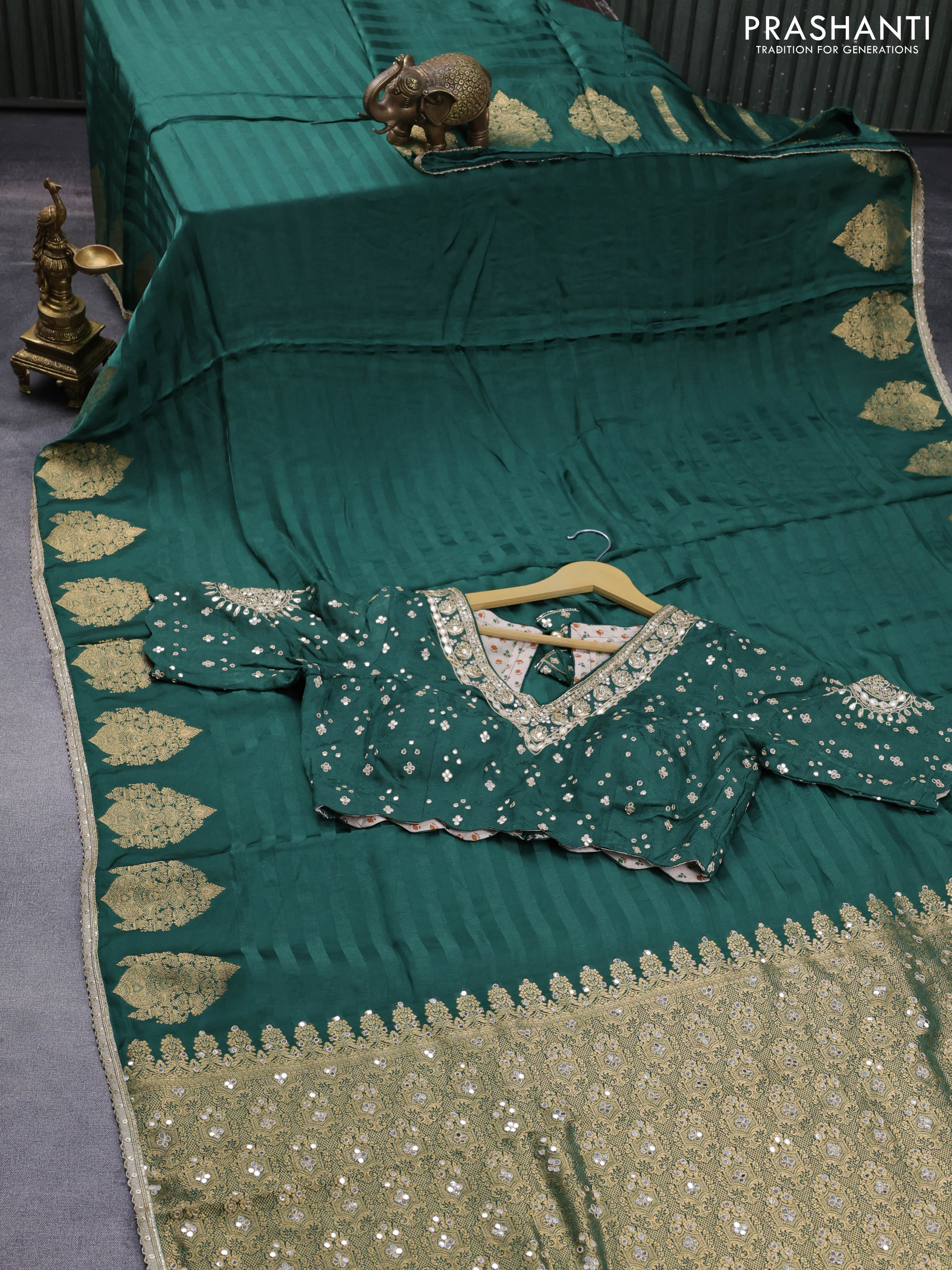 Banarasi crepe saree green with stripes pattern and mirror work & banarasi style border - Image 4