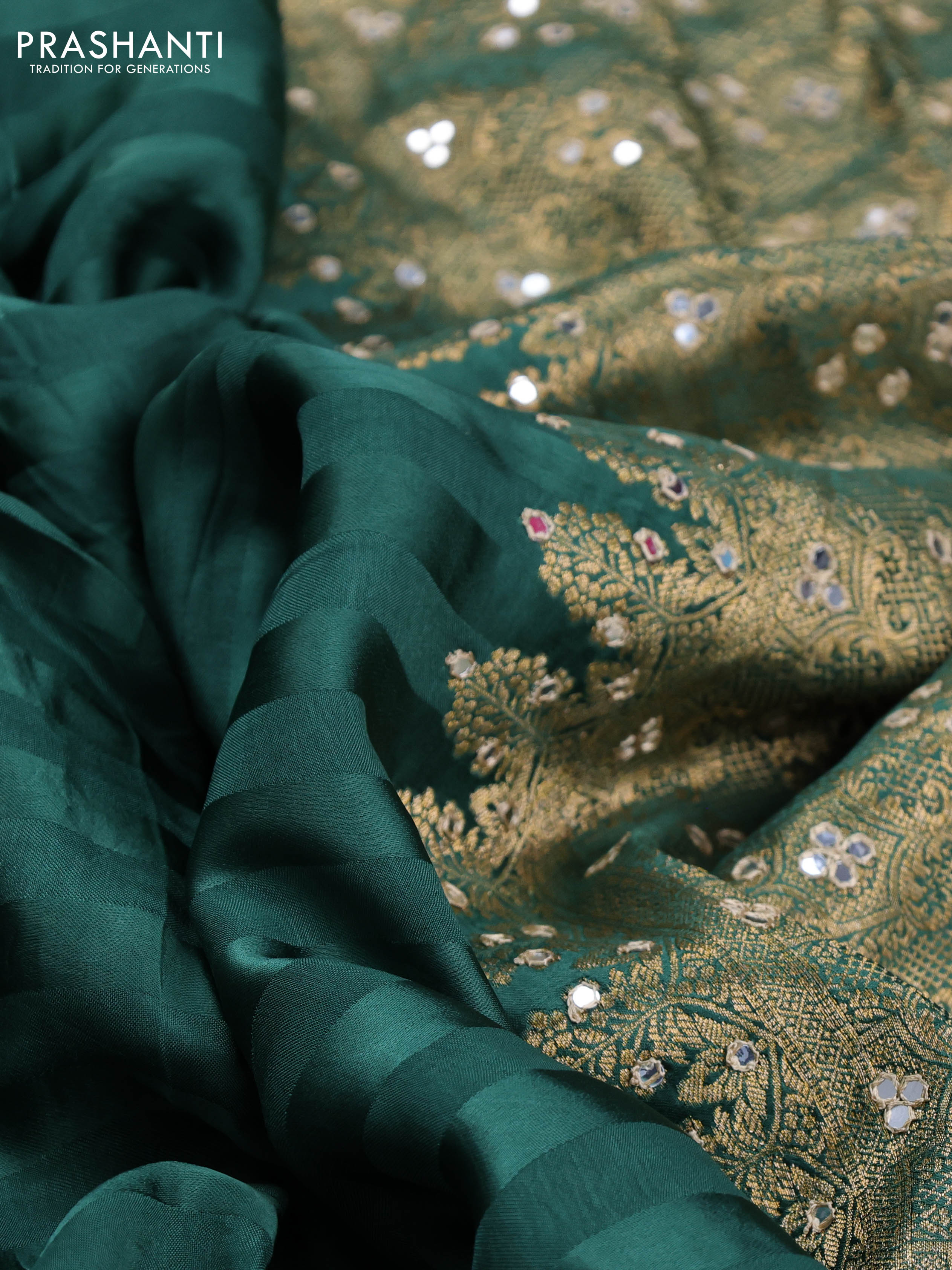 Banarasi crepe saree green with stripes pattern and mirror work & banarasi style border - Image 5