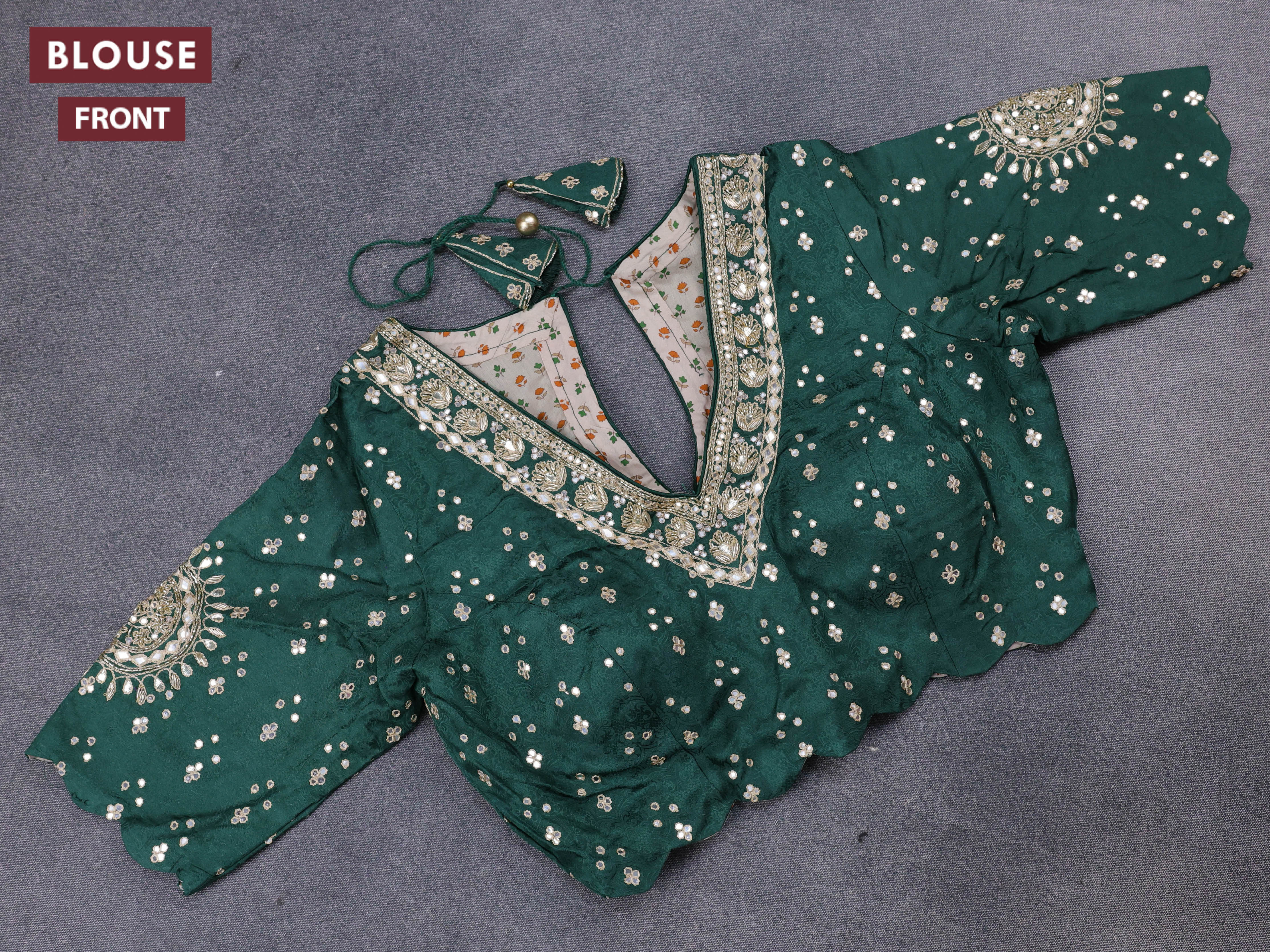 Banarasi crepe saree green with stripes pattern and mirror work & banarasi style border - Image 6