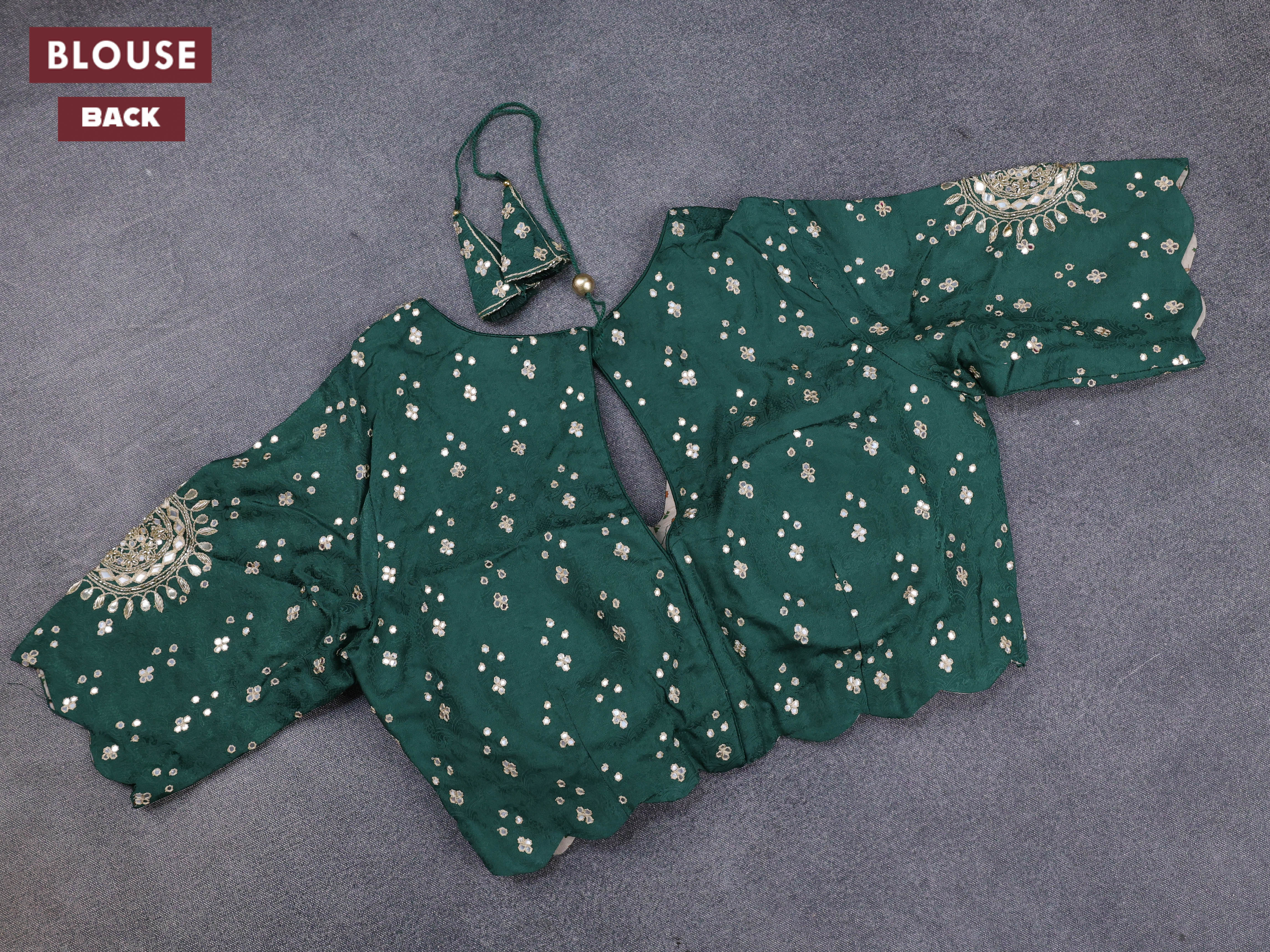 Banarasi crepe saree green with stripes pattern and mirror work & banarasi style border - Image 7