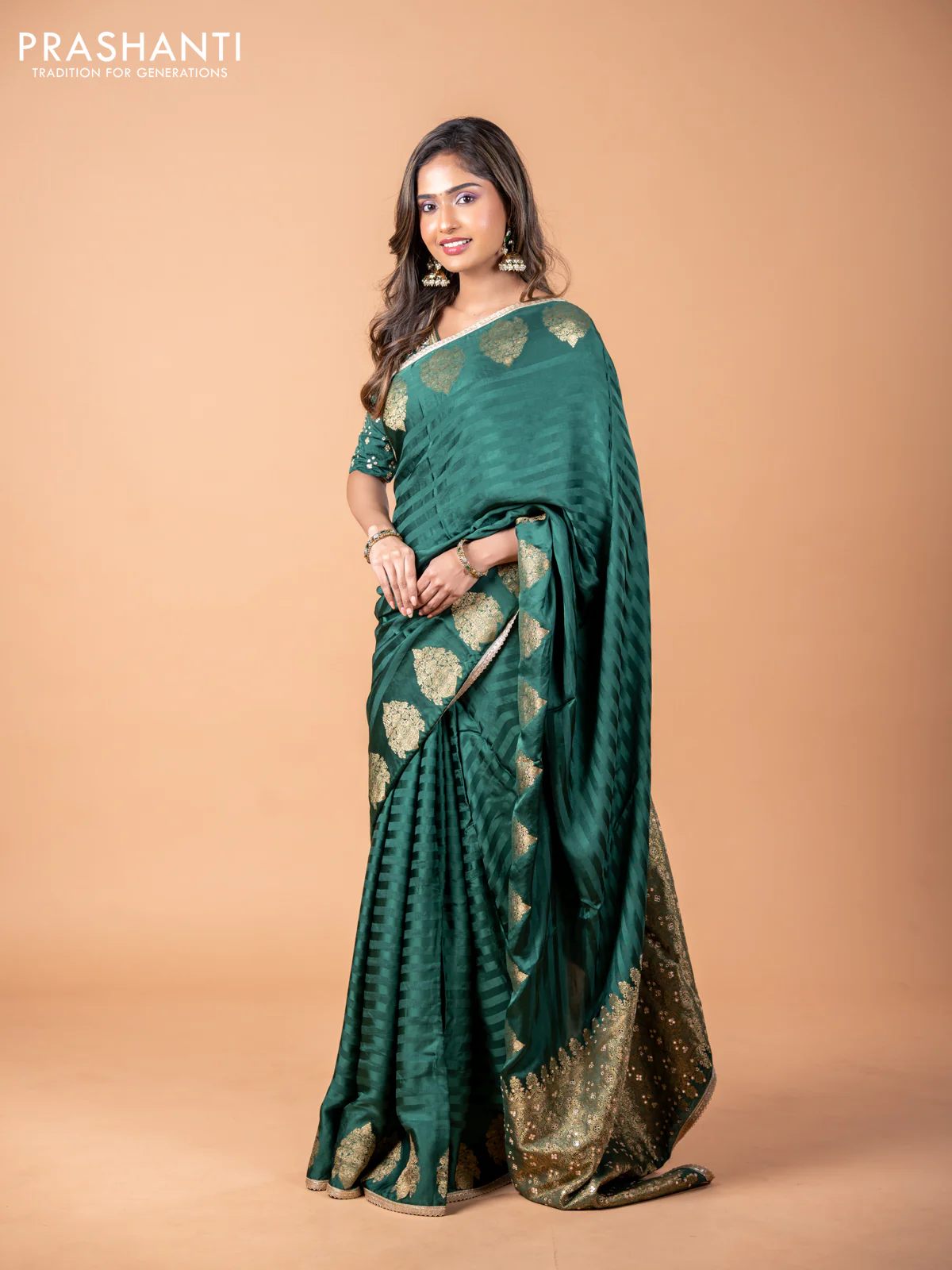 Banarasi crepe saree green with stripes pattern and mirror work & banarasi style border - Image 8