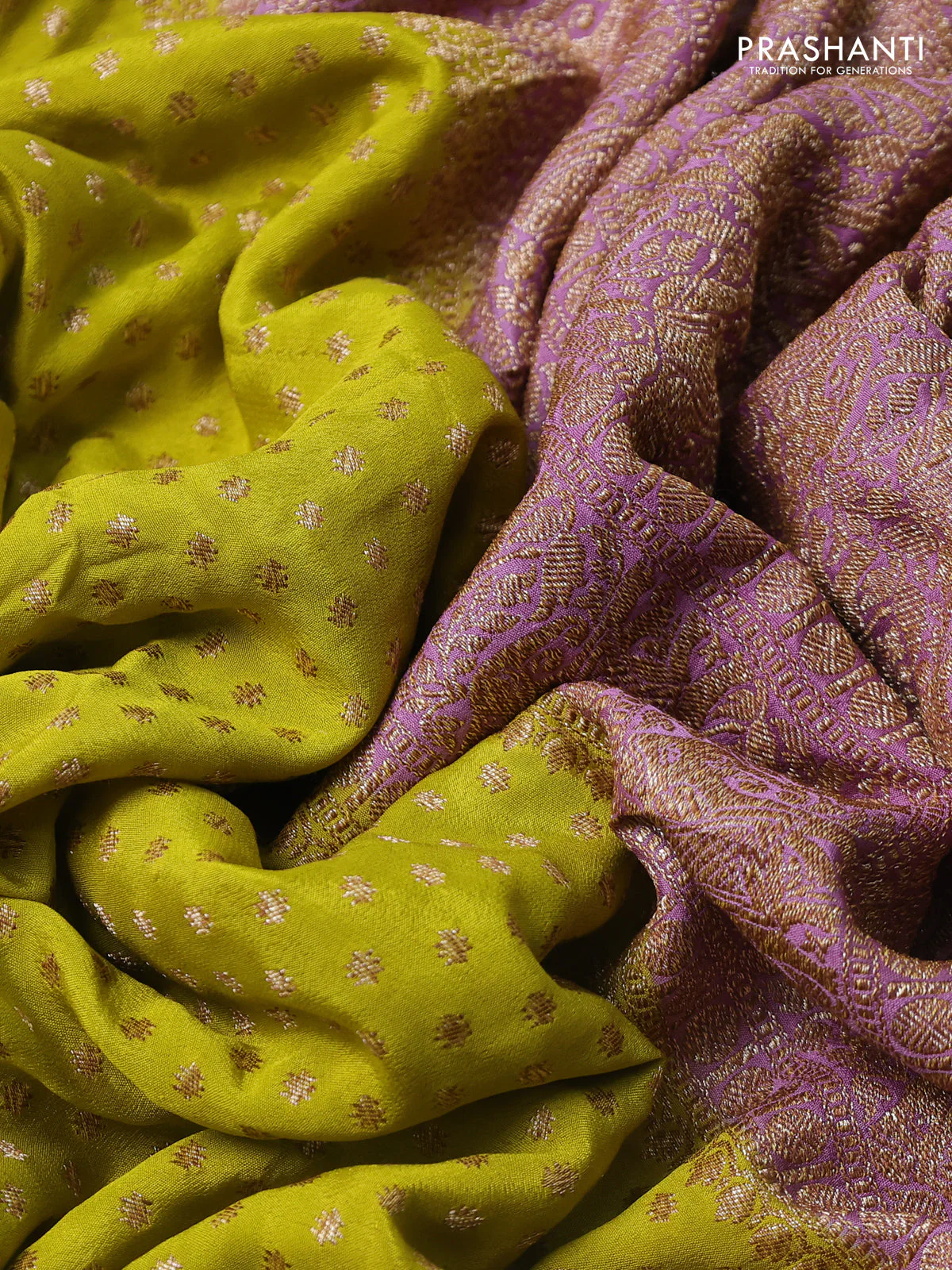 Banarasi crepe saree lime green and pastel pink with allover thread & zari woven buttas and woven buttas - Image 3
