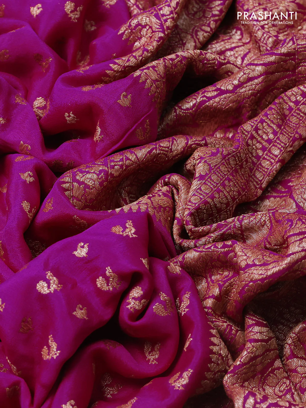 Banarasi crepe saree magenta pink with allover thread & zari woven buttas and woven border - Image 3