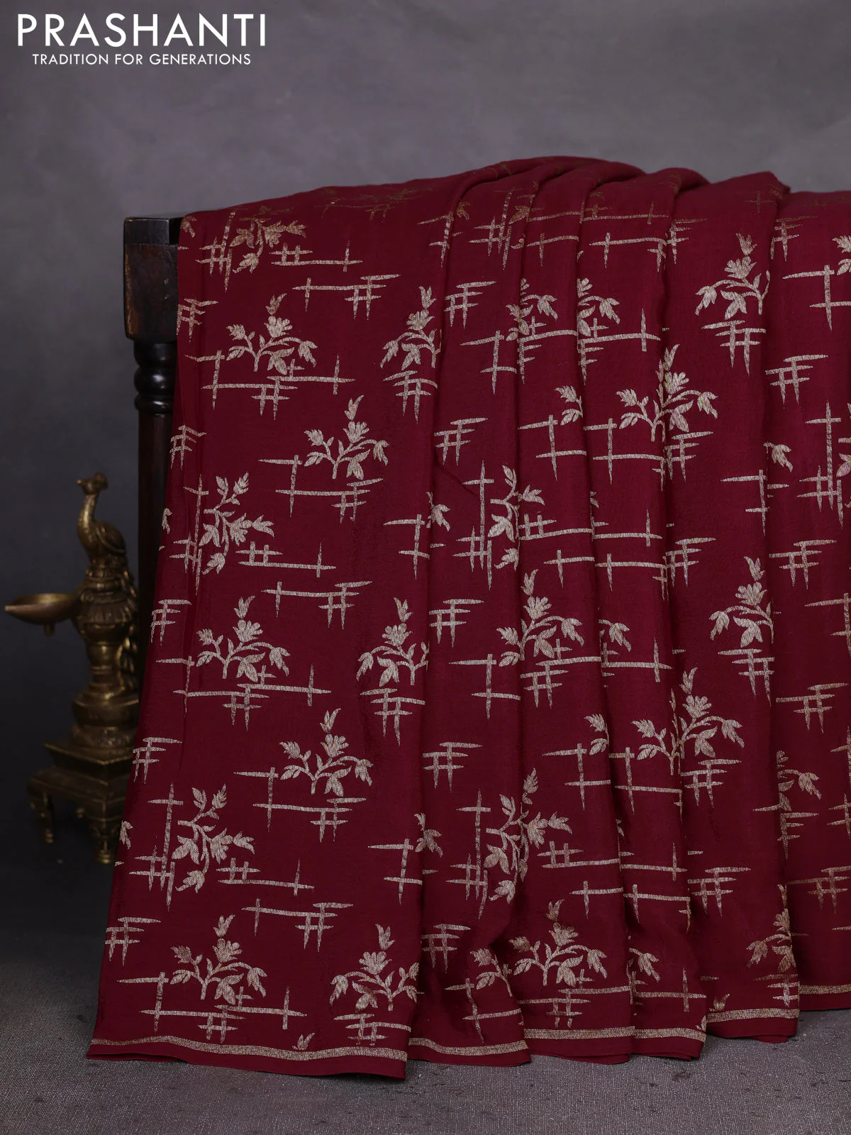 Banarasi crepe saree maroon with woven buttas in borderless style
