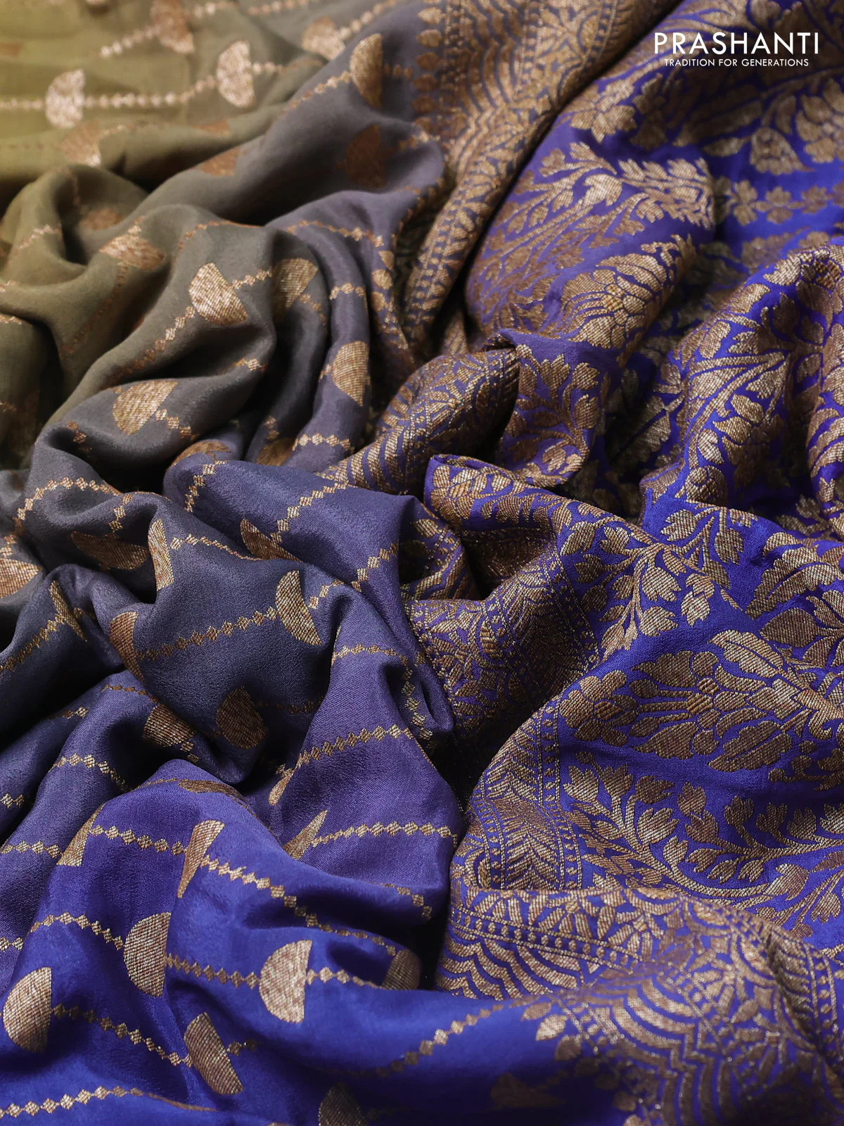 Banarasi crepe saree mehendi green and blue with allover thread & zari geometric weaves and woven border - Image 3