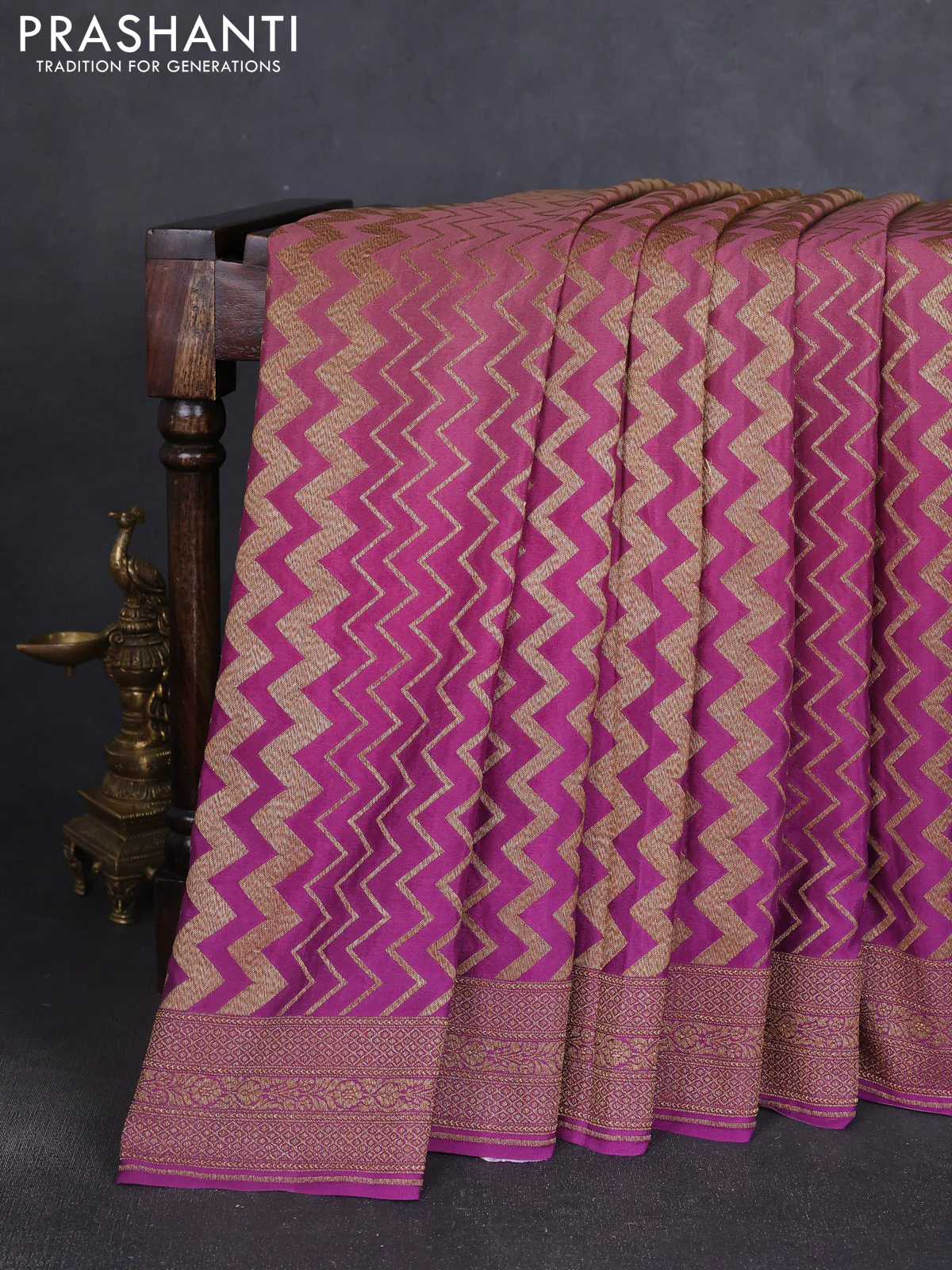 Banarasi crepe saree mehendi green and purple with allover thread & zari zig zag weaves and woven border