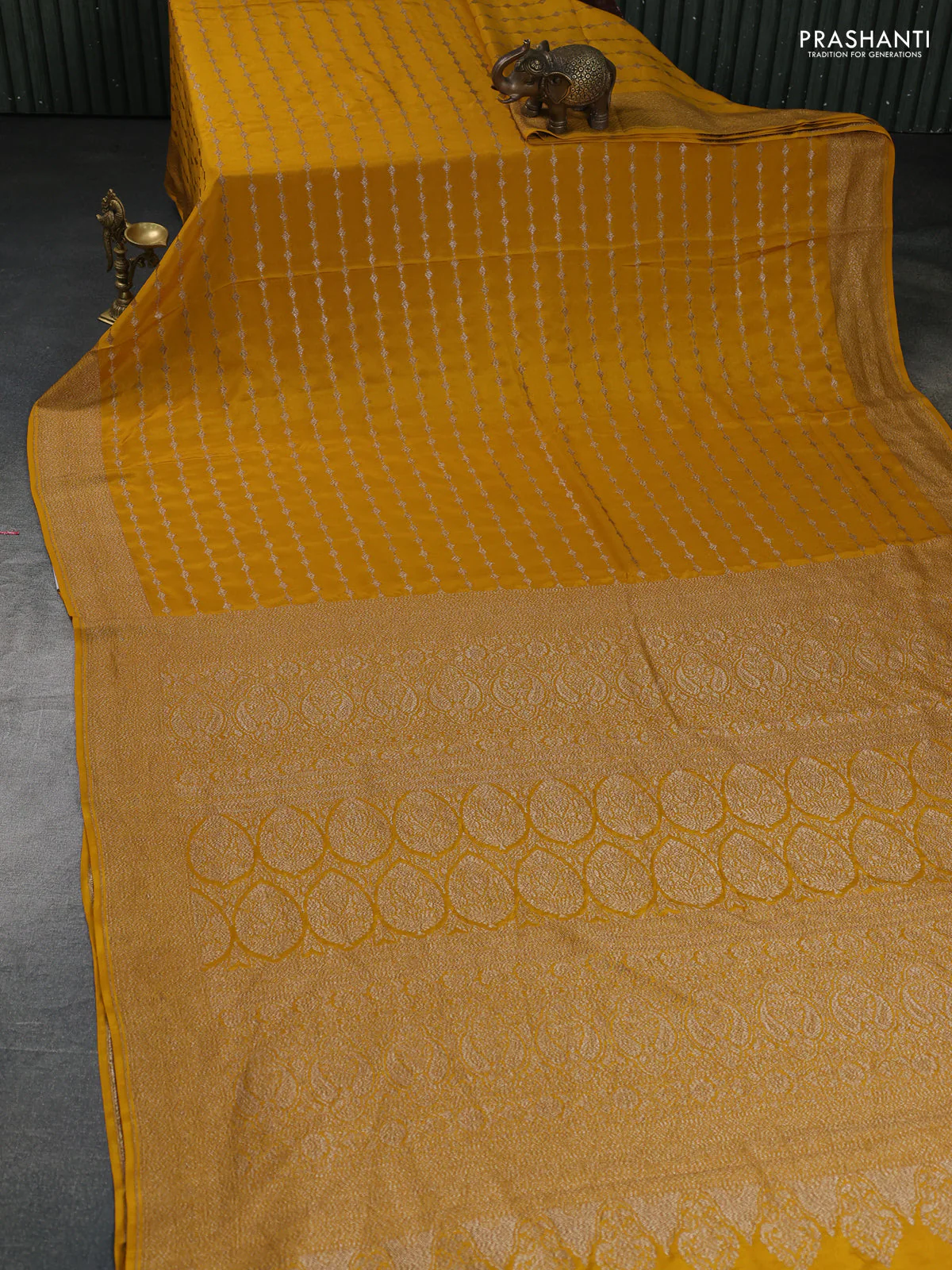 Banarasi crepe saree mustard yellow with allover geometric weaves and woven border - Image 2