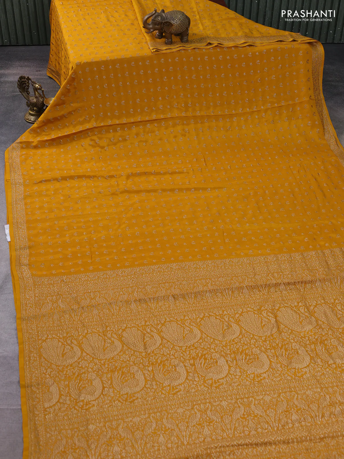 Banarasi crepe saree mustard yellow with allover thread & zari woven buttas and woven border - Image 2