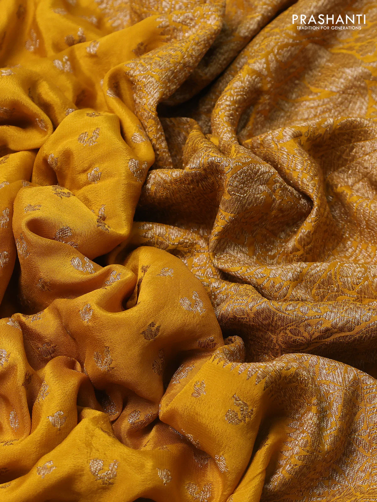 Banarasi crepe saree mustard yellow with allover thread & zari woven buttas and woven border - Image 3