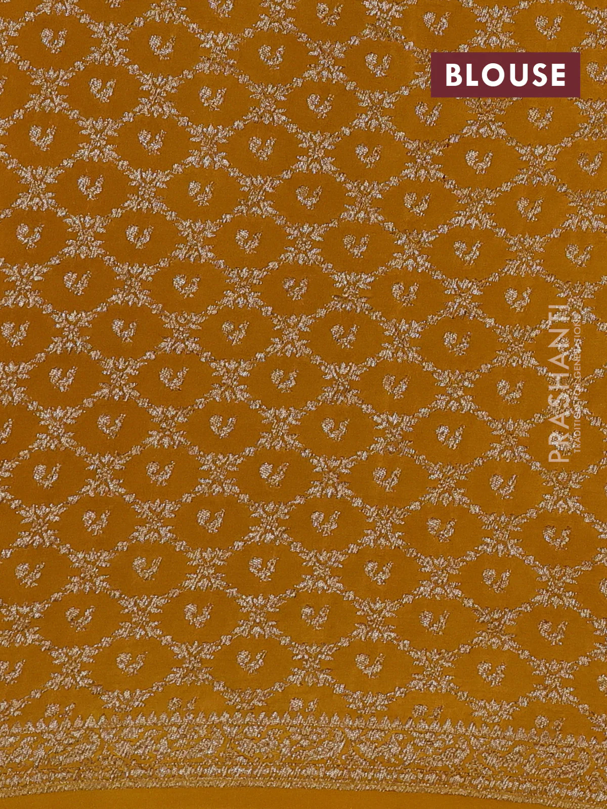 Banarasi crepe saree mustard yellow with allover thread & zari woven buttas and woven border - Image 4