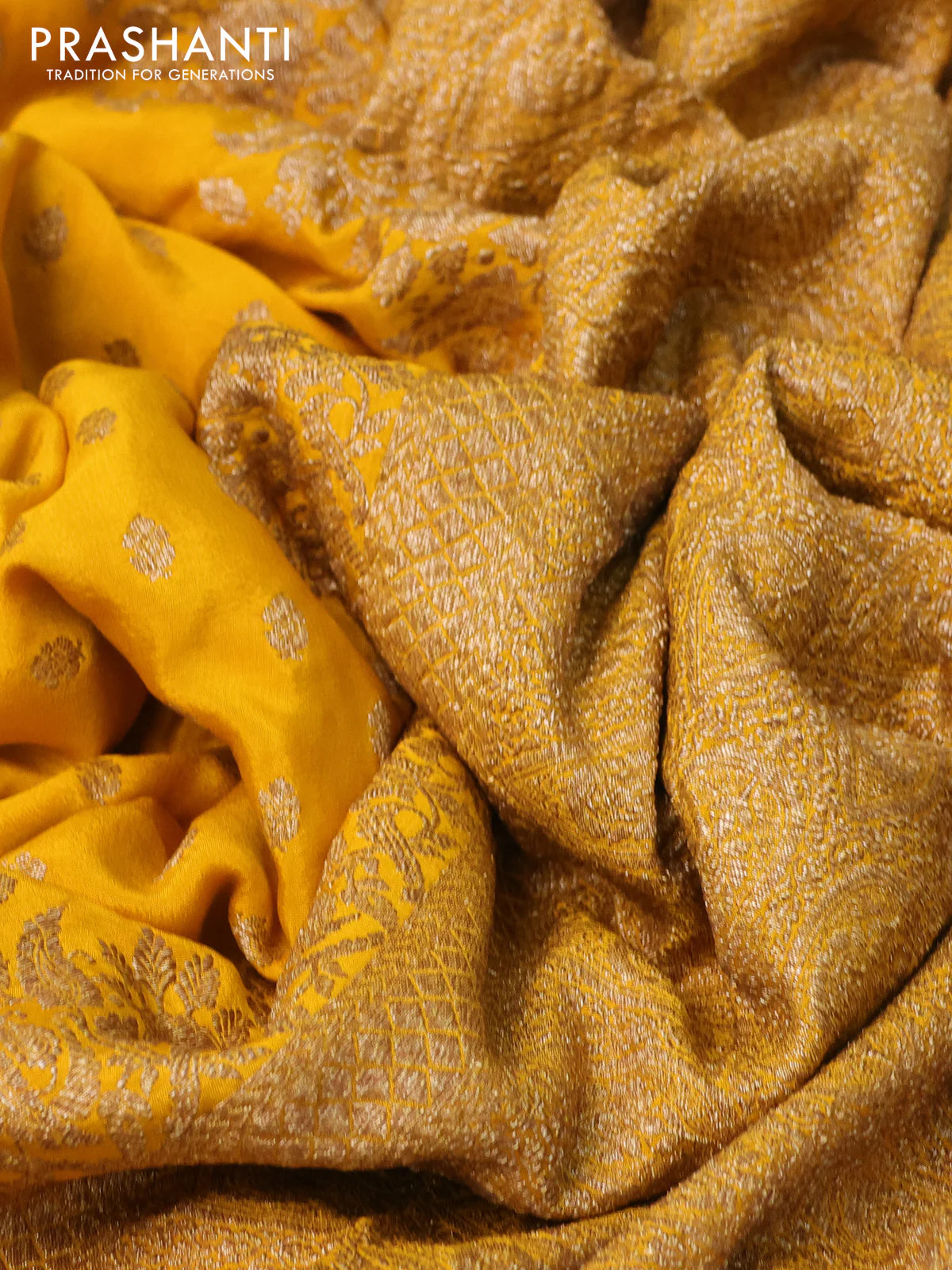 Banarasi crepe saree mustard yellow with allover thread & zari woven buttas and woven border - Image 2