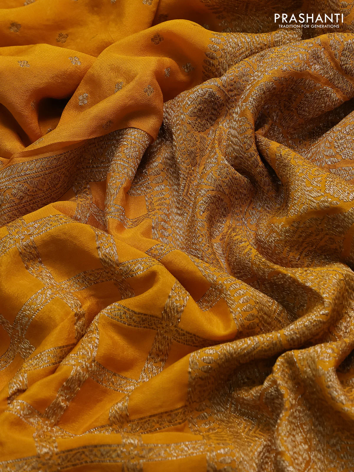 Banarasi crepe saree mustard yellow with half & half style and woven border - Image 3