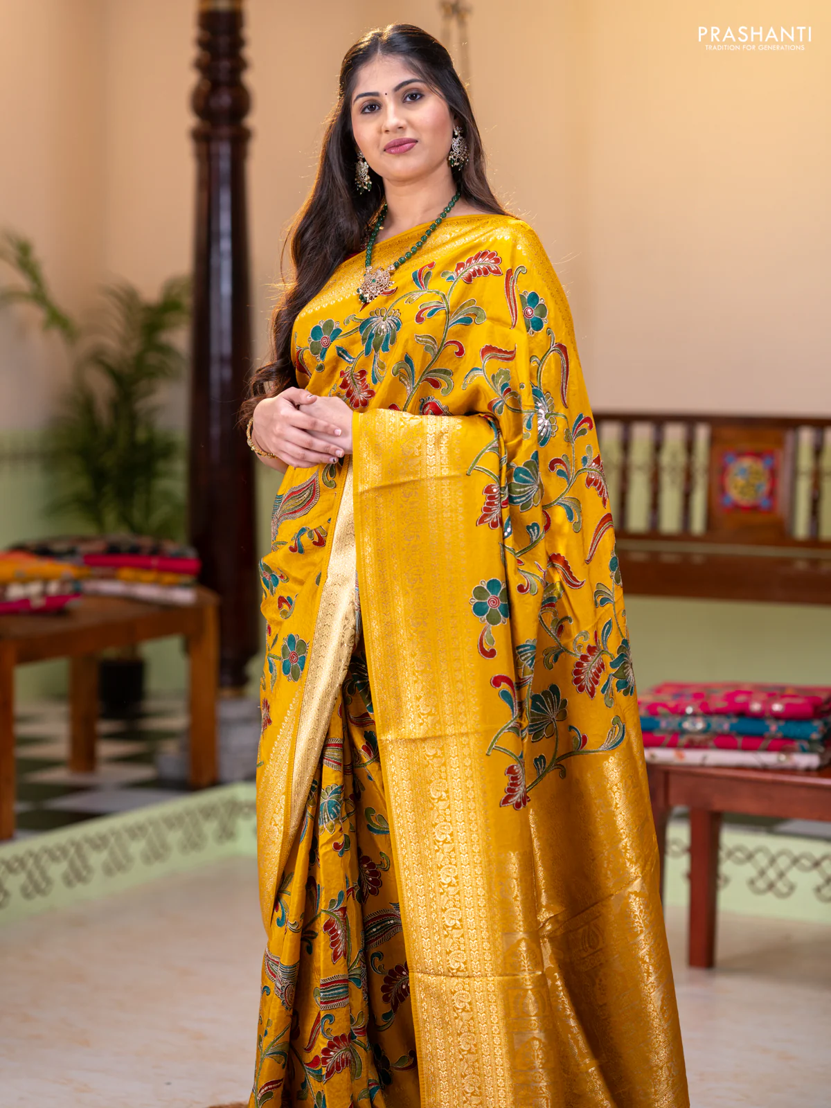 Banarasi crepe saree mustard yellow with kalamkari prints & sequin embroidery work and zari woven border - Image 2