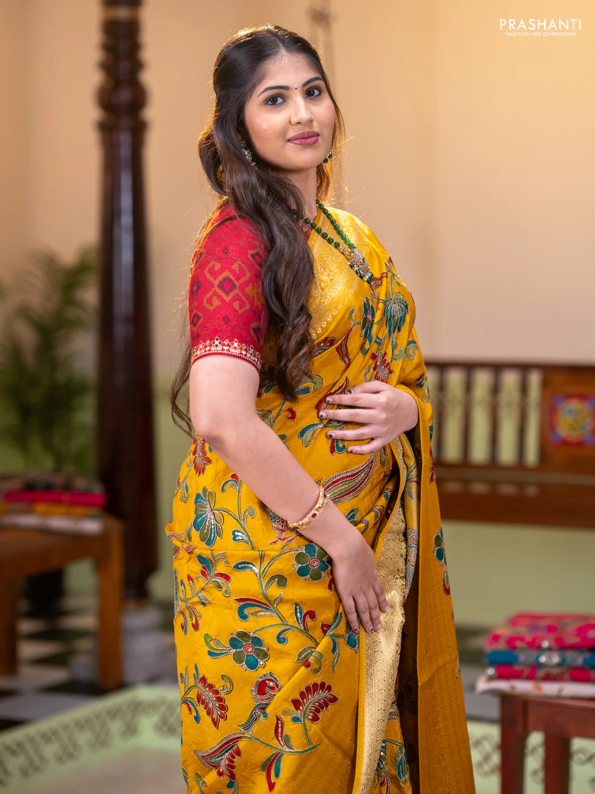 Banarasi crepe saree mustard yellow with kalamkari prints & sequin embroidery work and zari woven border - Image 3