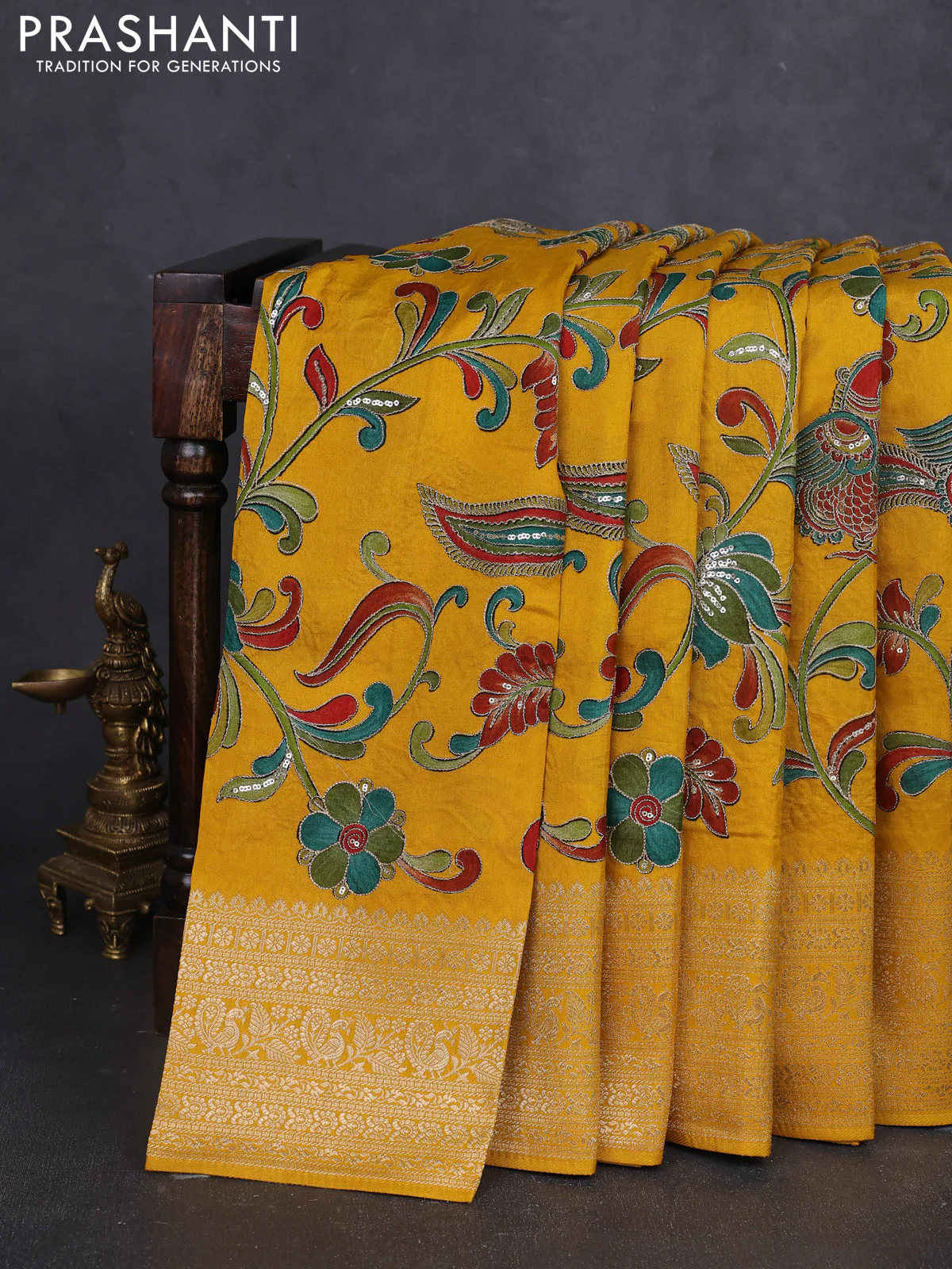 Banarasi crepe saree mustard yellow with kalamkari prints & sequin embroidery work and zari woven border - Image 5