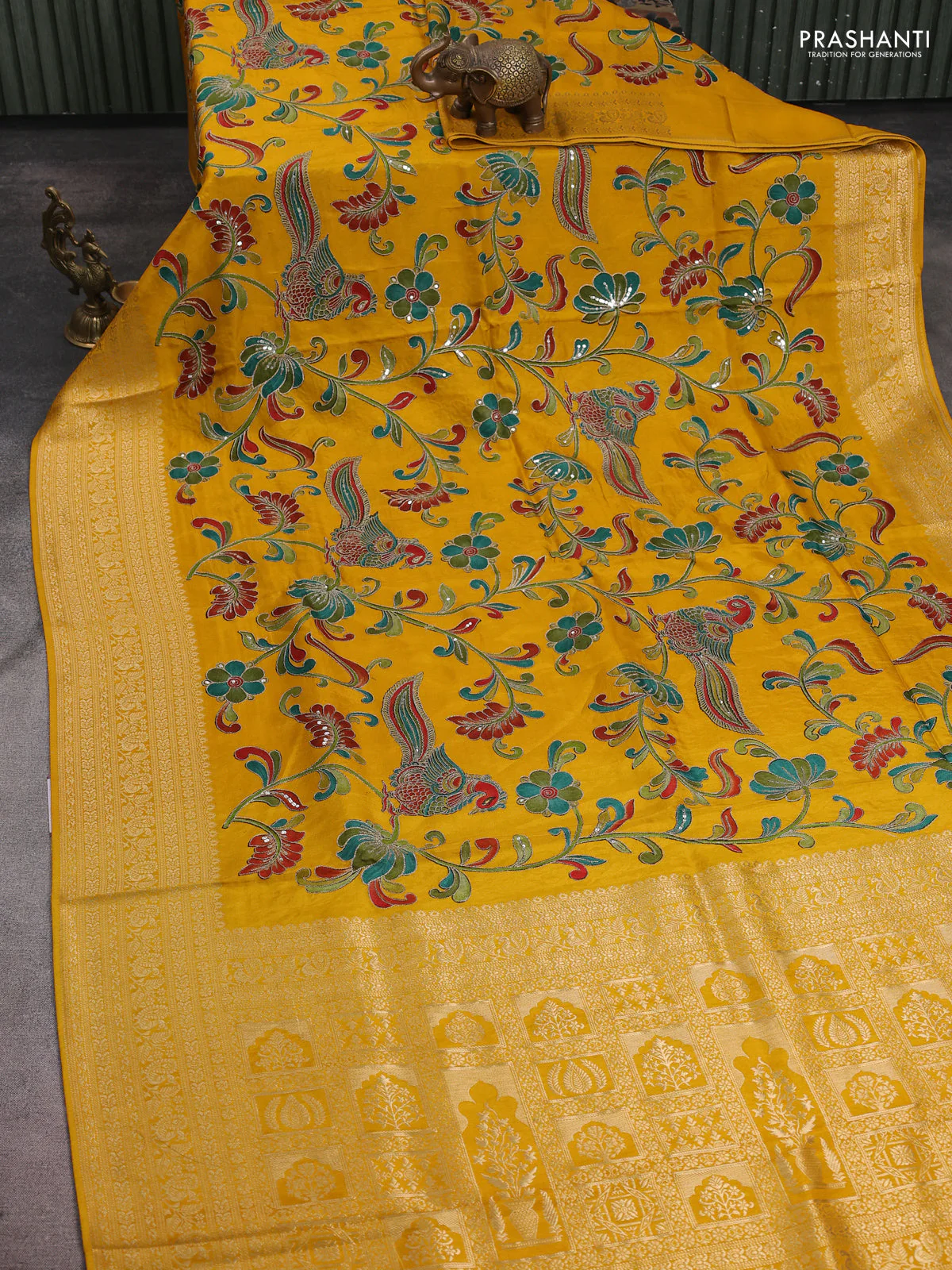 Banarasi crepe saree mustard yellow with kalamkari prints & sequin embroidery work and zari woven border - Image 6