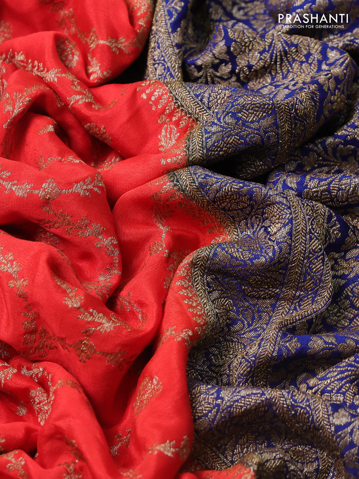 Banarasi crepe saree orange and dark blue with allover thread & zari weaves and woven border - Image 3