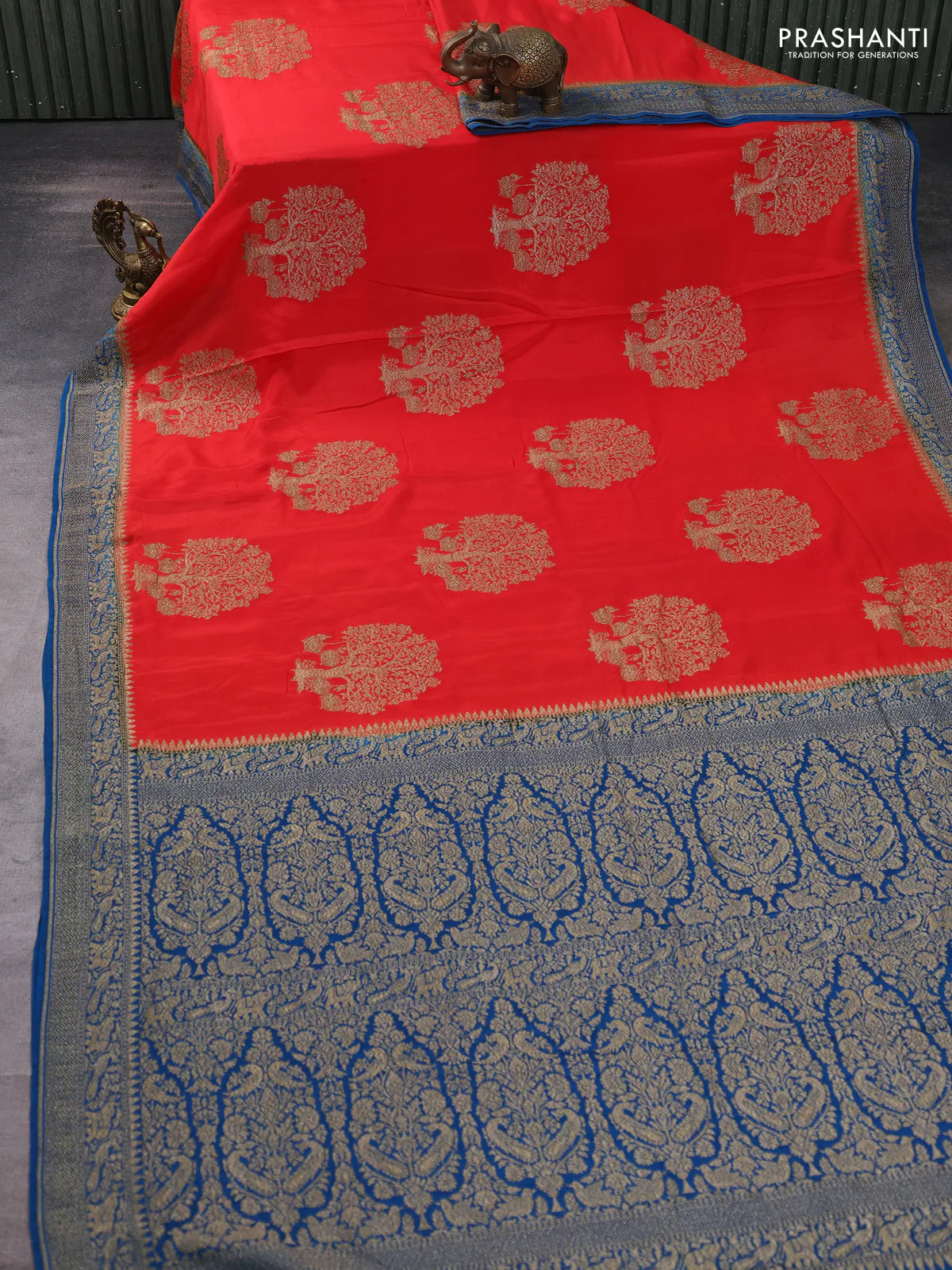 Banarasi crepe saree orange and peacock blue with thread & zari woven buttas and woven border - Image 2