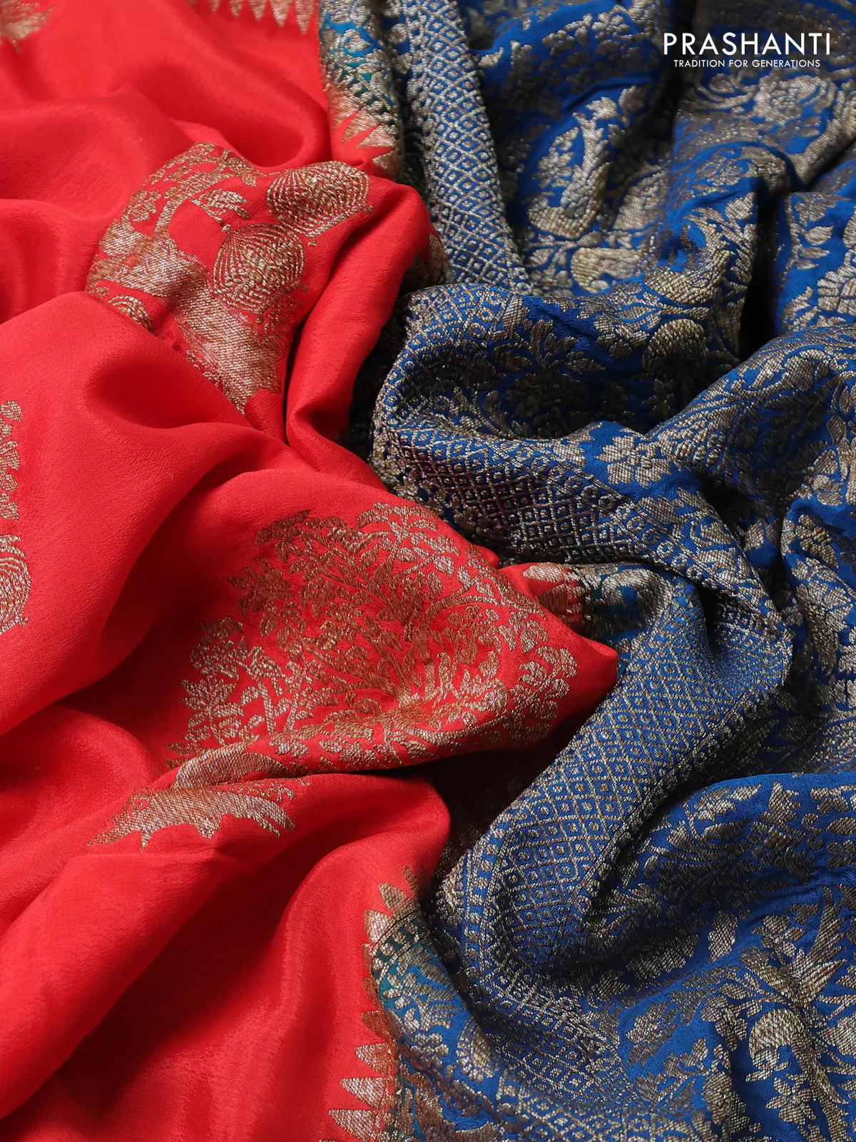 Banarasi crepe saree orange and peacock blue with thread & zari woven buttas and woven border - Image 3