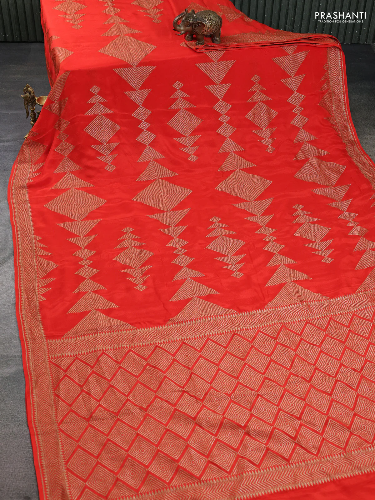 Banarasi crepe saree orange with allover geometric weaves and woven border - Image 2