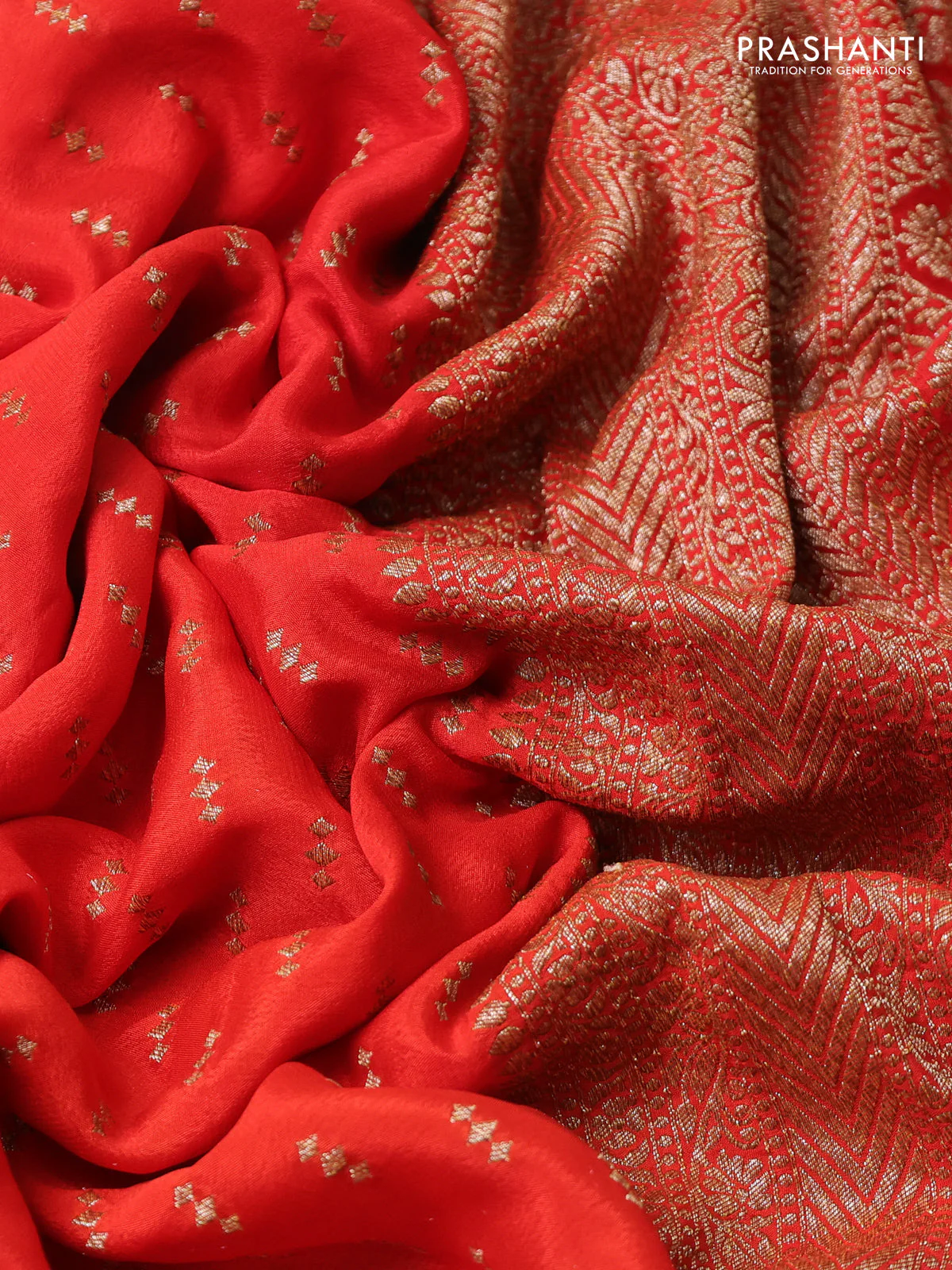 Banarasi crepe saree orange with allover thread & zari geometric weaves and woven border - Image 3