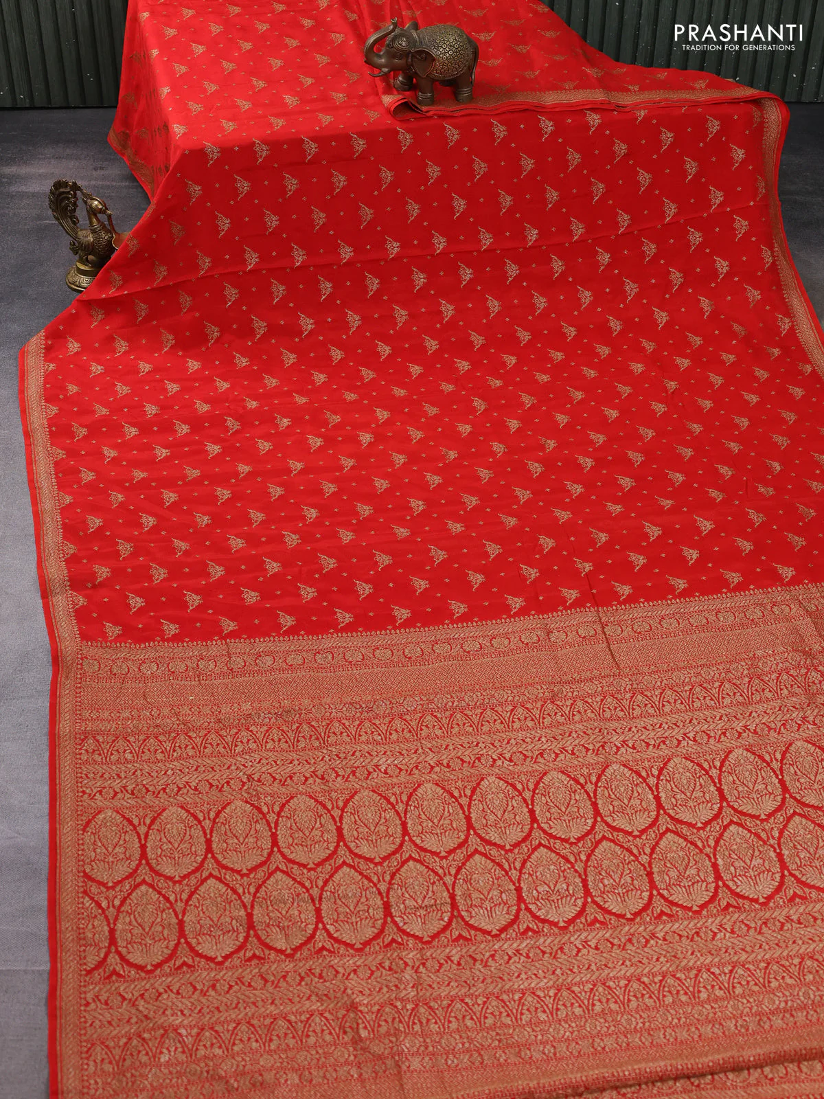 Banarasi crepe saree orange with allover thread & zari woven buttas and woven border - Image 2