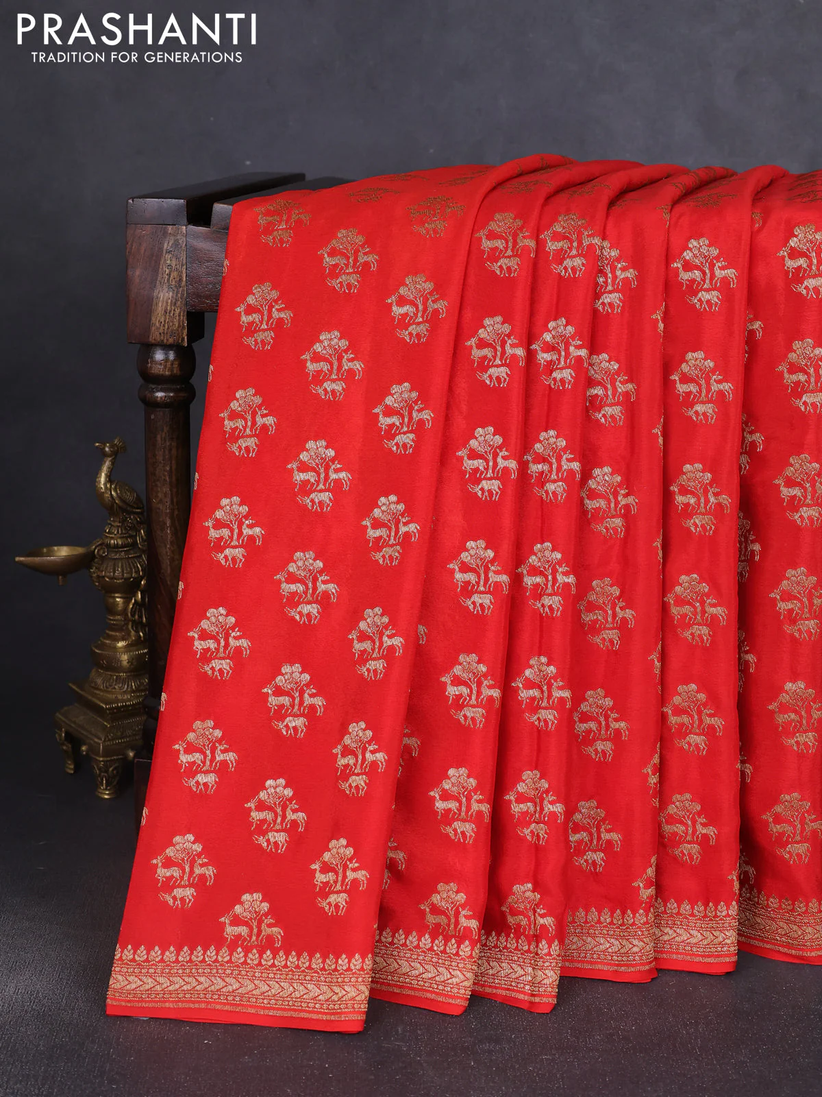 Banarasi crepe saree orange with allover thread & zari woven buttas and woven border