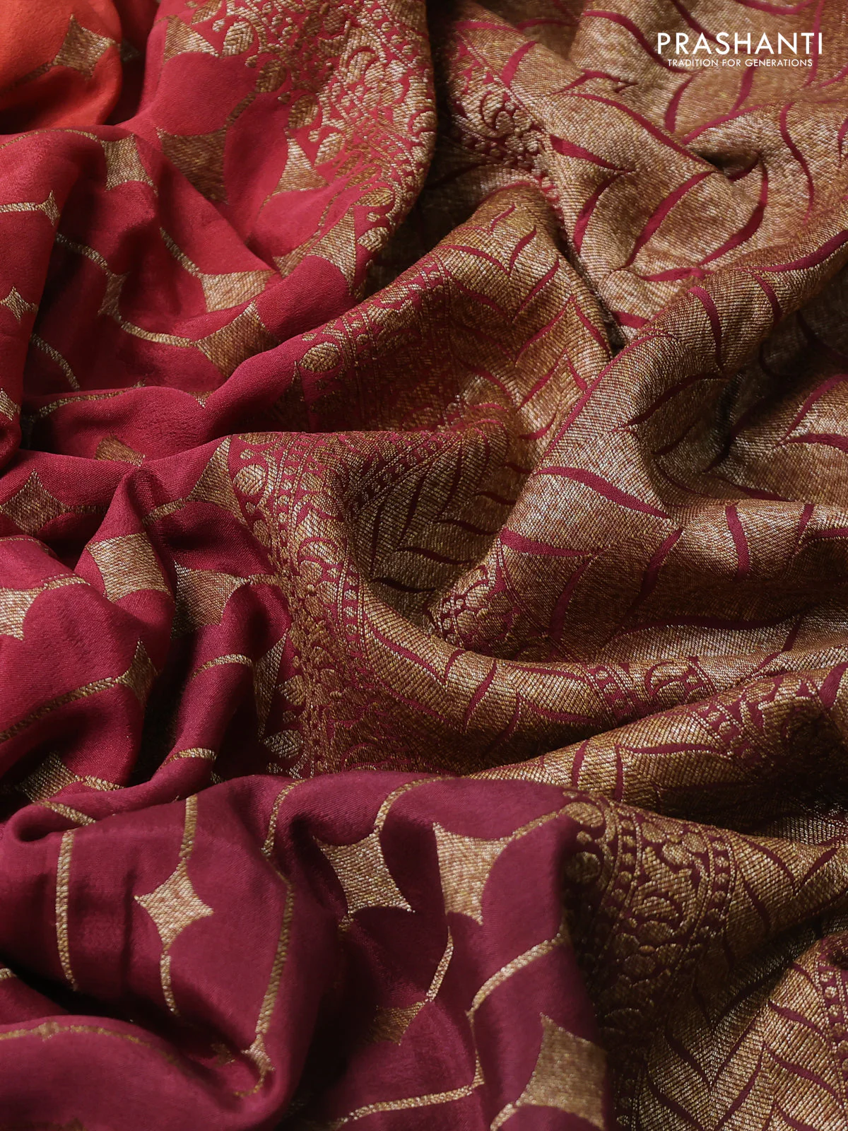 Banarasi crepe saree pastel maroon and orange with allover thread & zari geometric weaves and woven border - Image 3
