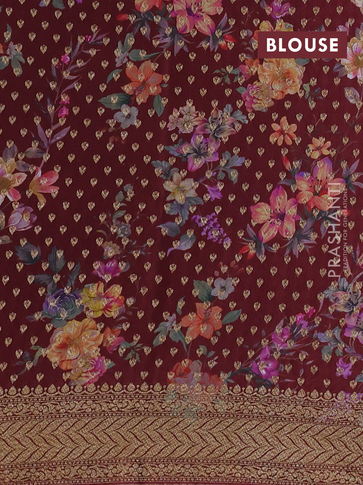 Banarasi crepe saree pastel maroon and orange with allover thread & zari geometric weaves and woven border - Image 4