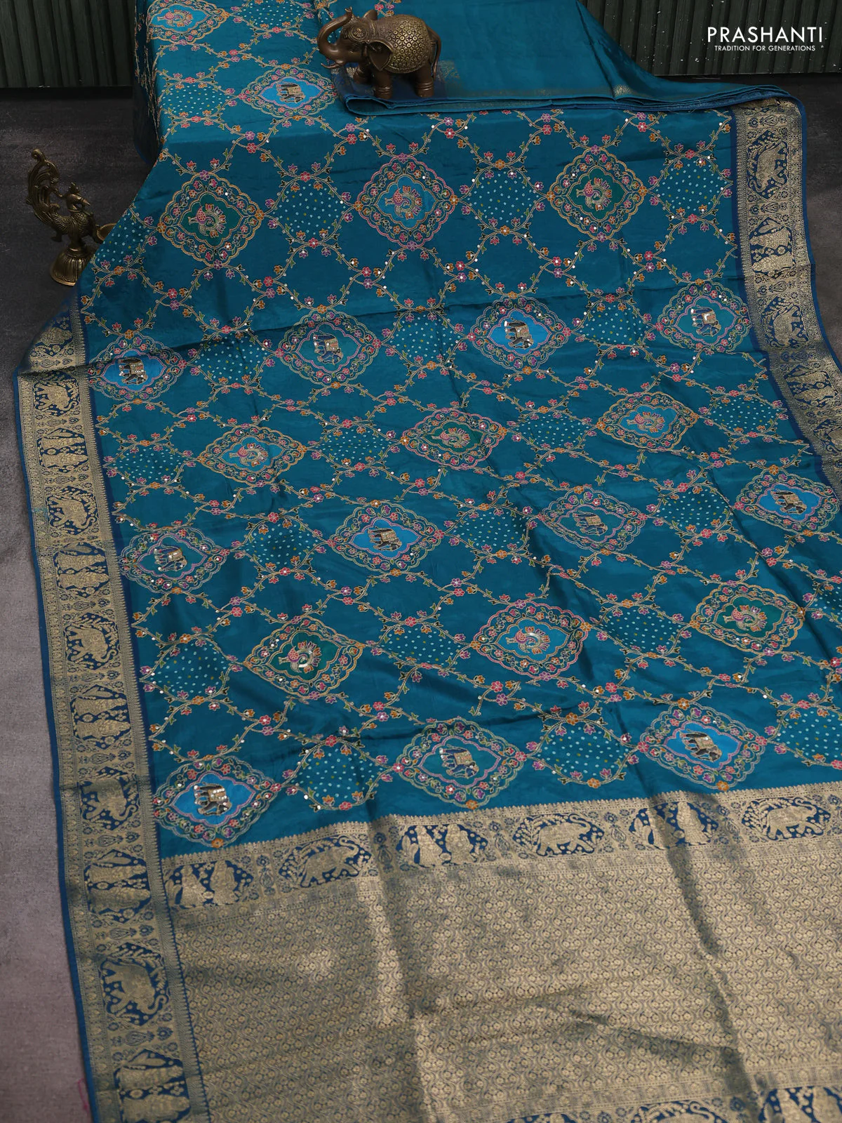 Banarasi crepe saree peacock green and peacock blue with prints & sequin embroidery work and zari woven border - Image 2