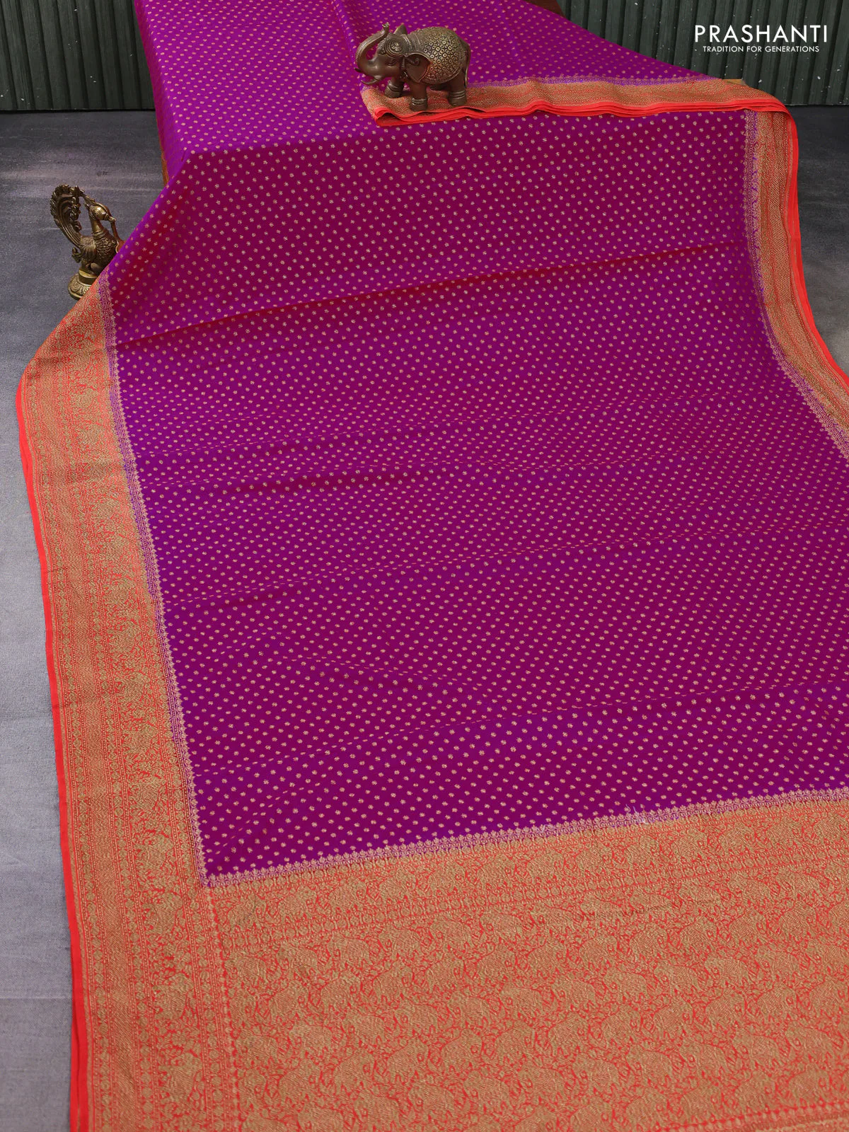 Banarasi crepe saree pink and orange with allover thread & zari woven buttas and woven border - Image 2