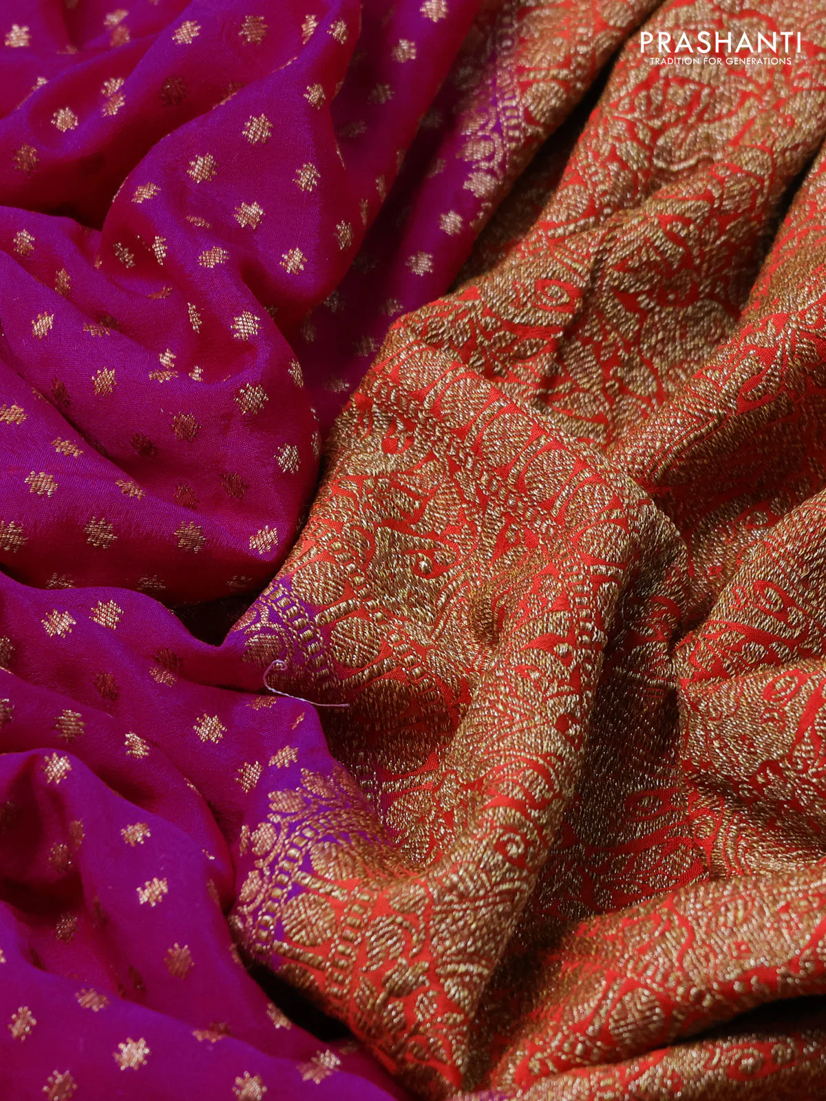 Banarasi crepe saree pink and orange with allover thread & zari woven buttas and woven border - Image 3
