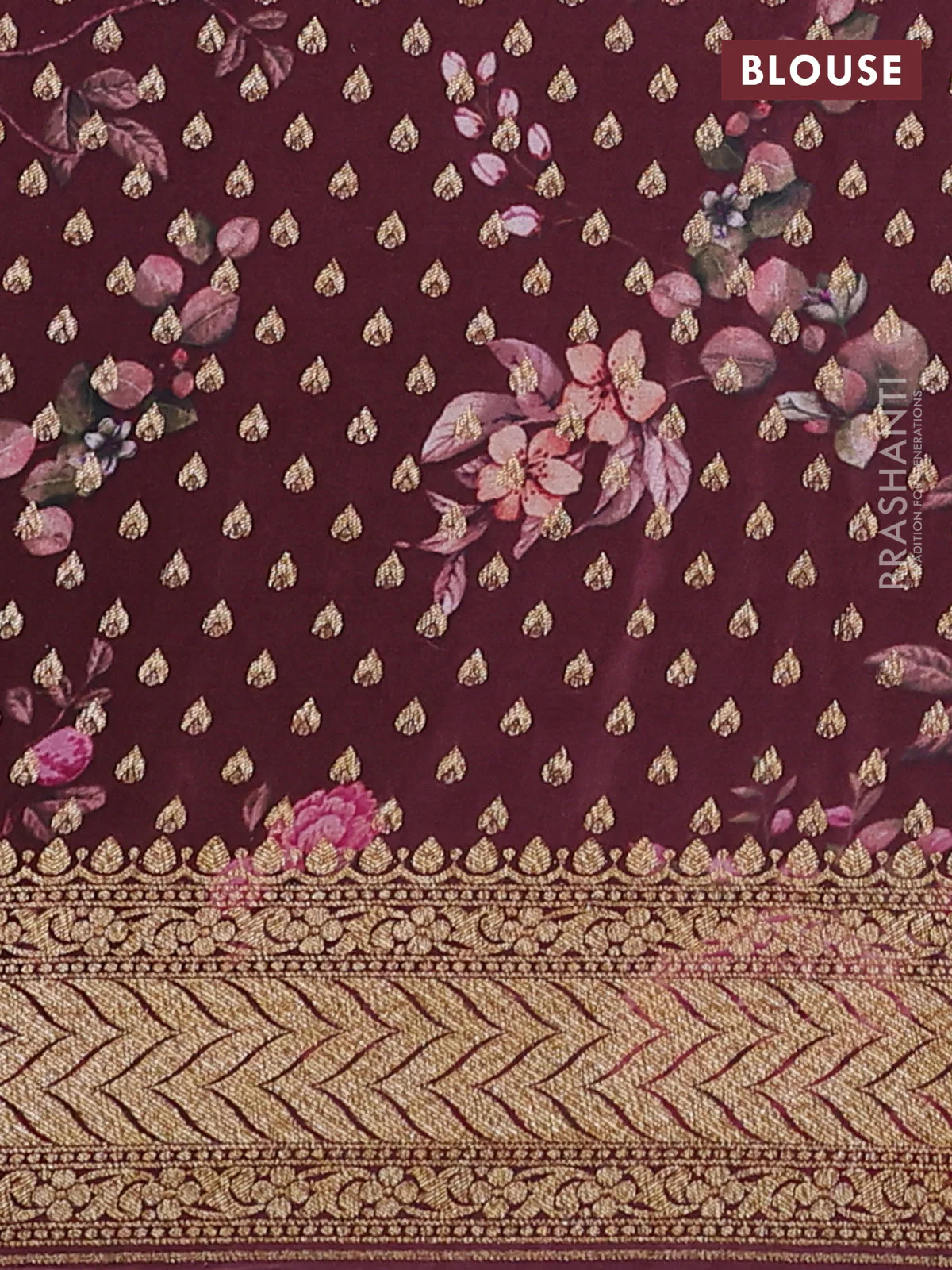 Banarasi crepe saree pink and pastel maroon with allover thread & zari geometric weaves and woven border - Image 4