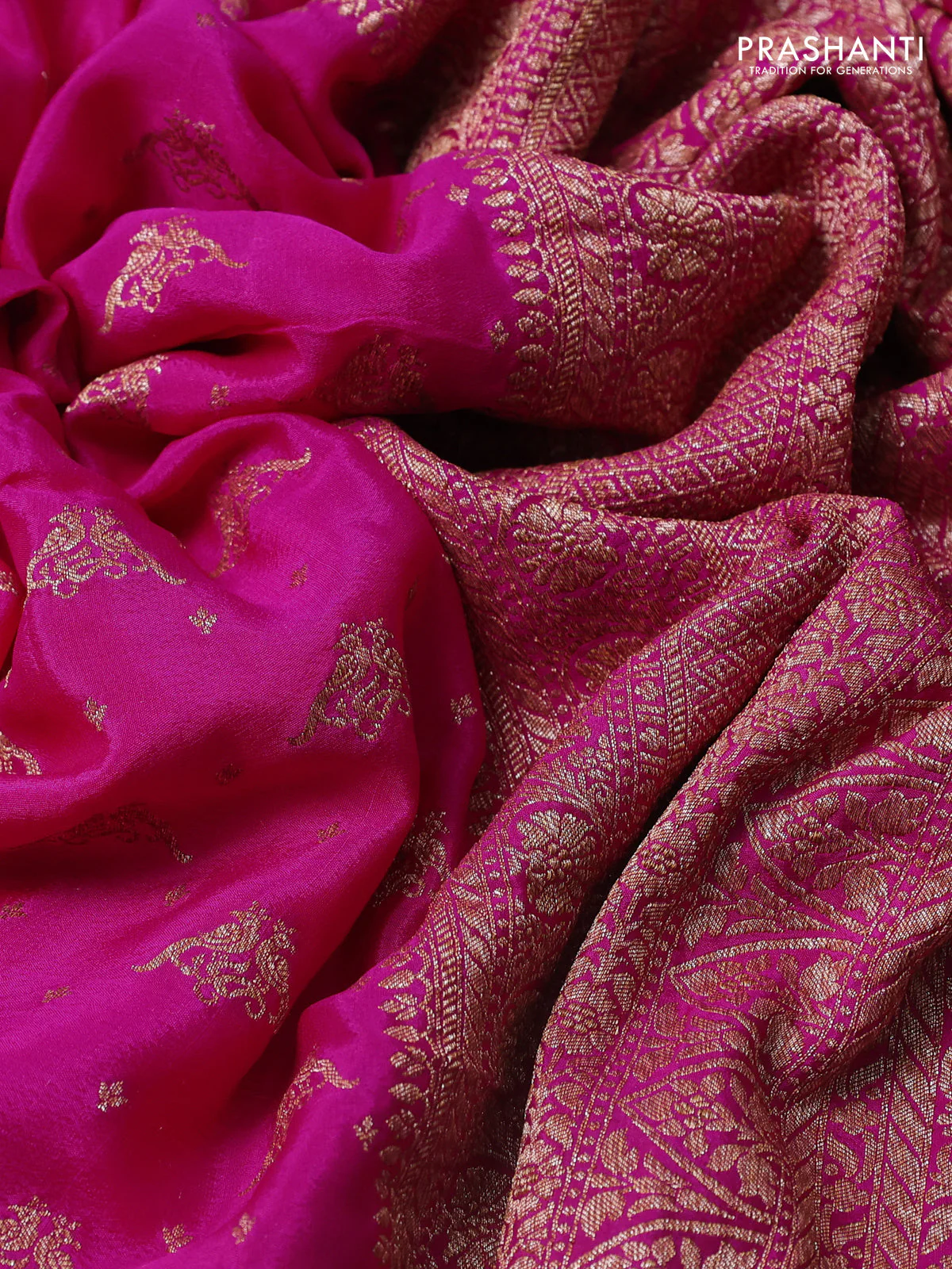 Banarasi crepe saree pink with allover thread & zari woven buttas and woven border - Image 3