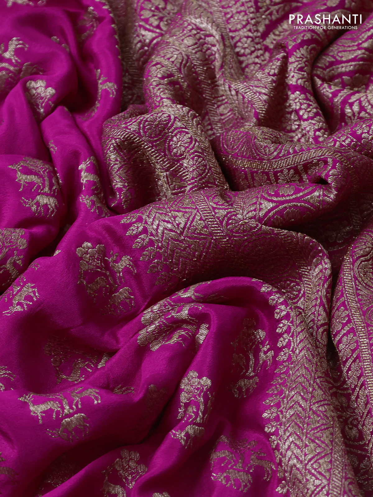 Banarasi crepe saree pink with allover thread & zari woven buttas and woven border - Image 3