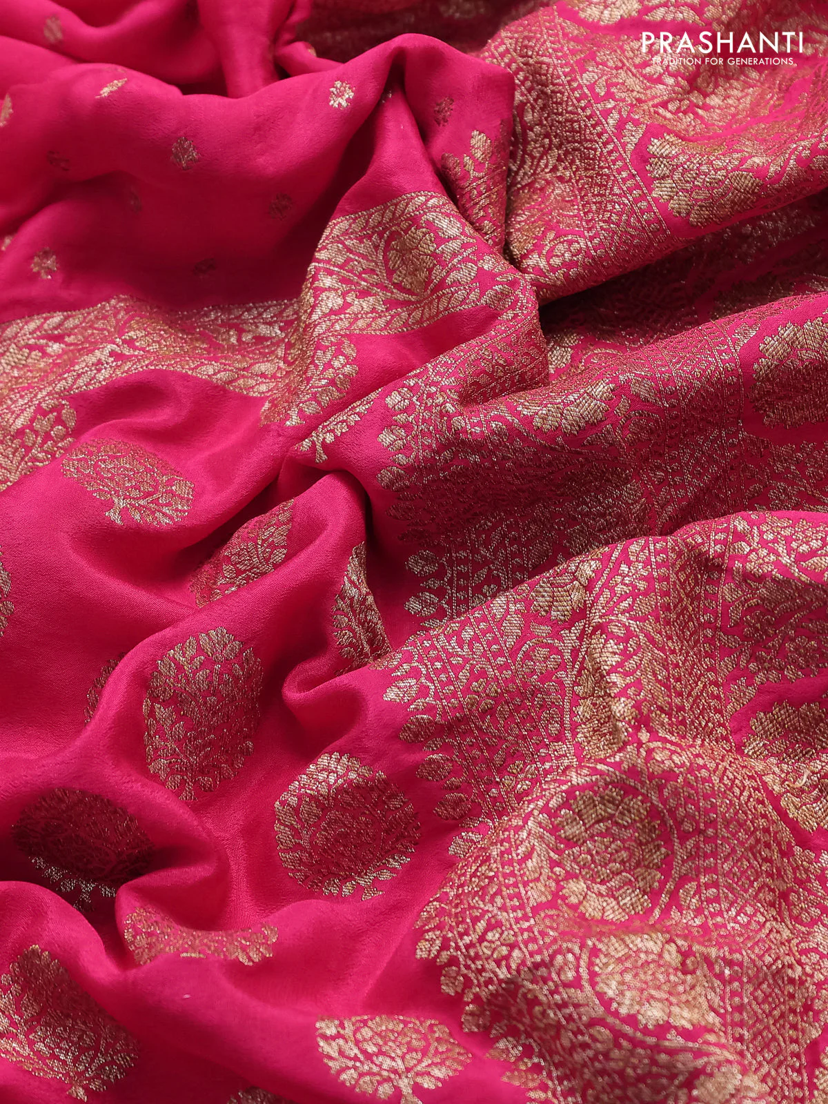 Banarasi crepe saree pink with half & half style and woven border - Image 3