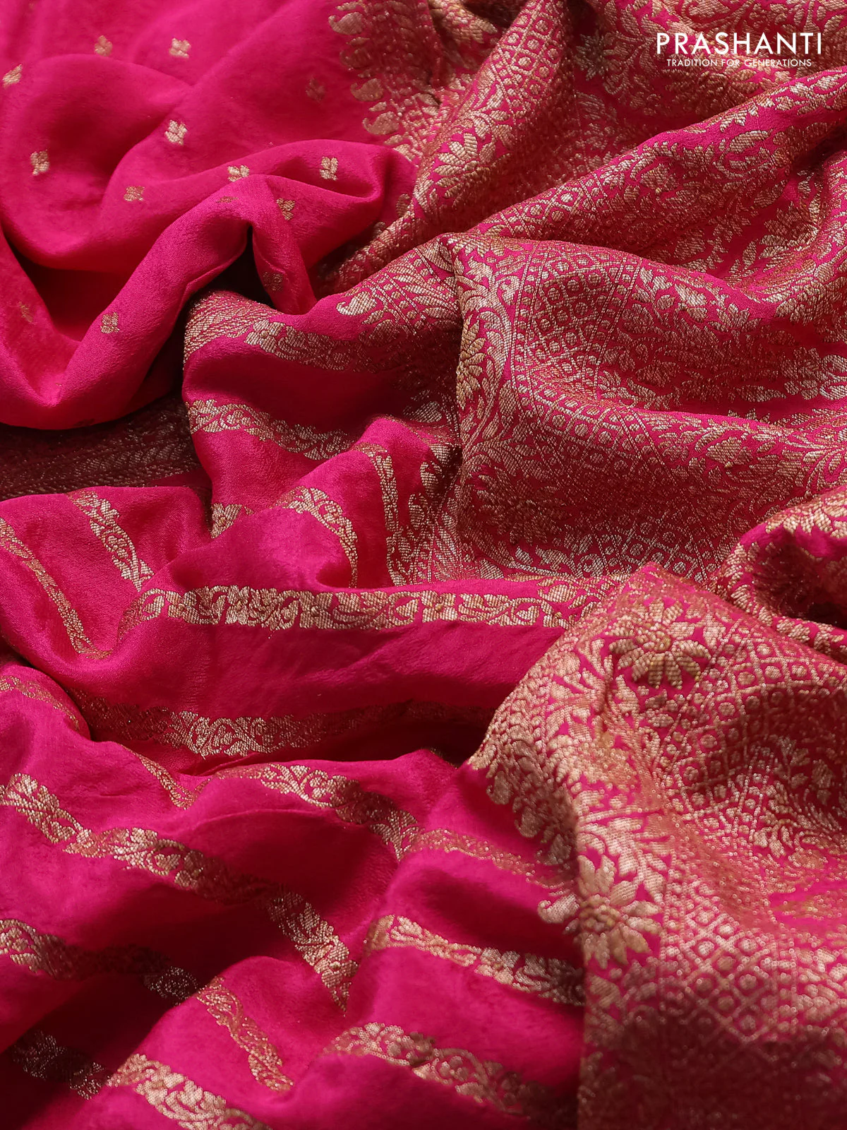 Banarasi crepe saree pink with half & half style and woven border - Image 3
