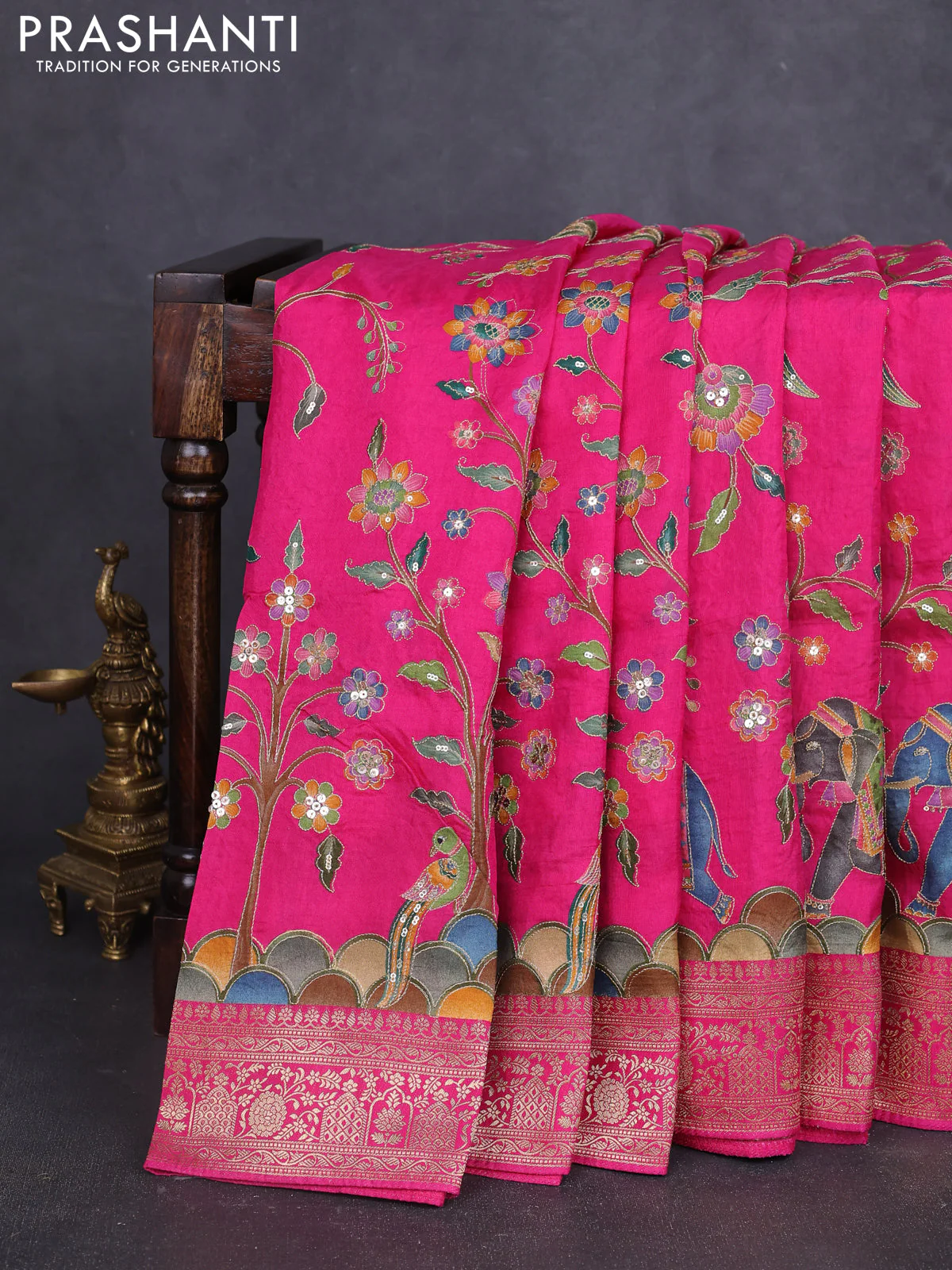 Banarasi crepe saree pink with prints & sequin embroidery work and zari woven border