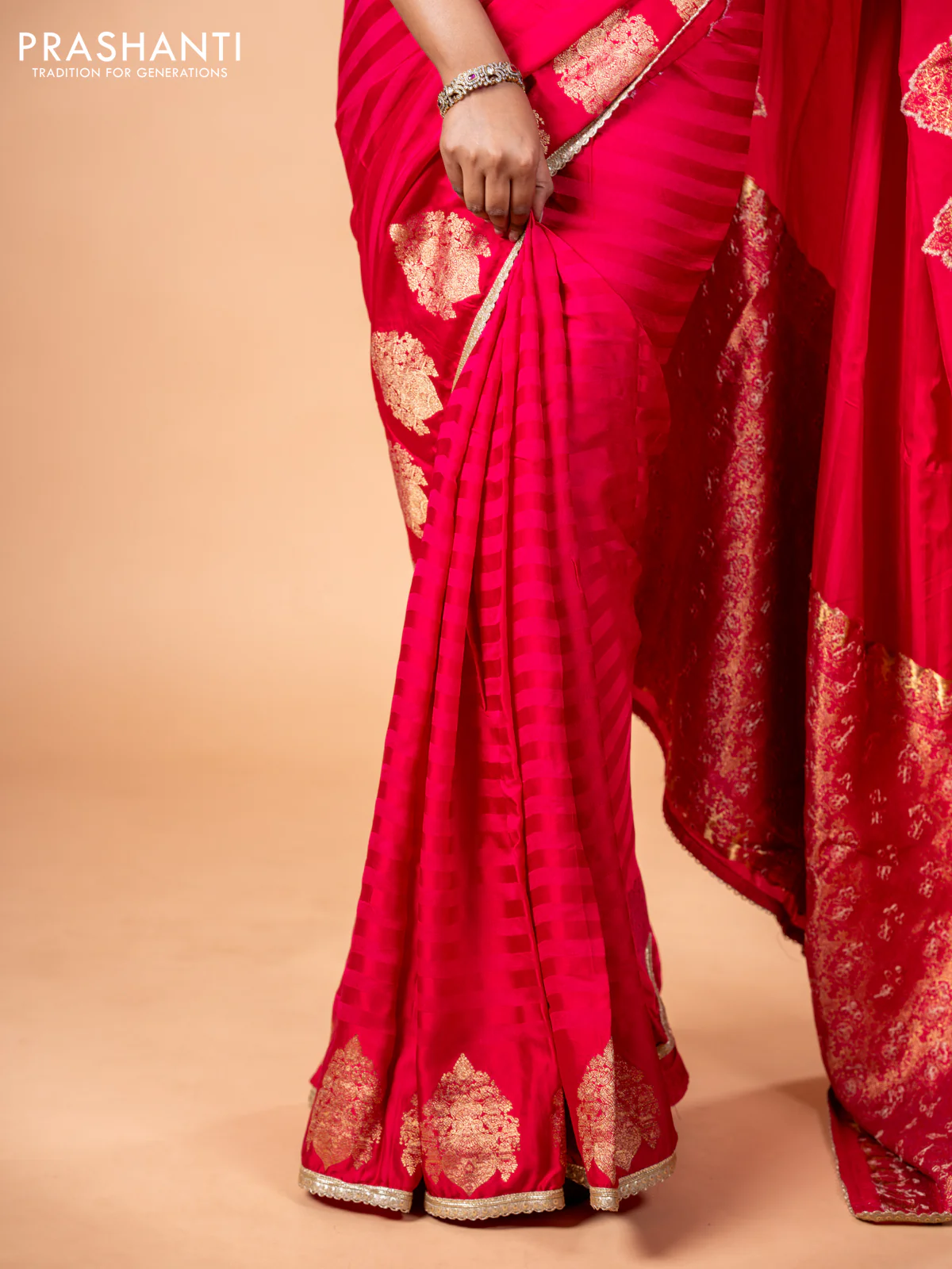 Banarasi crepe saree pink with stripes pattern and mirror work & banarasi style border - Image 11