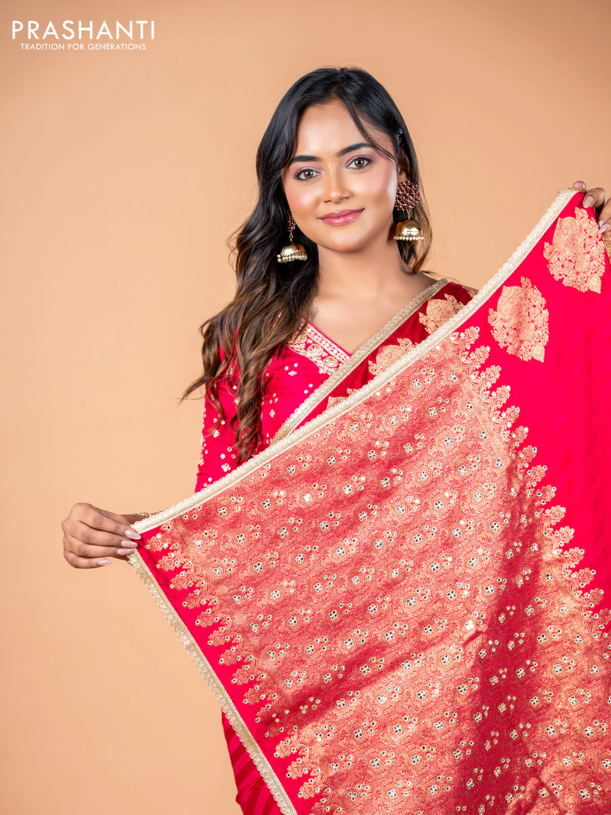 Banarasi crepe saree pink with stripes pattern and mirror work & banarasi style border - Image 12