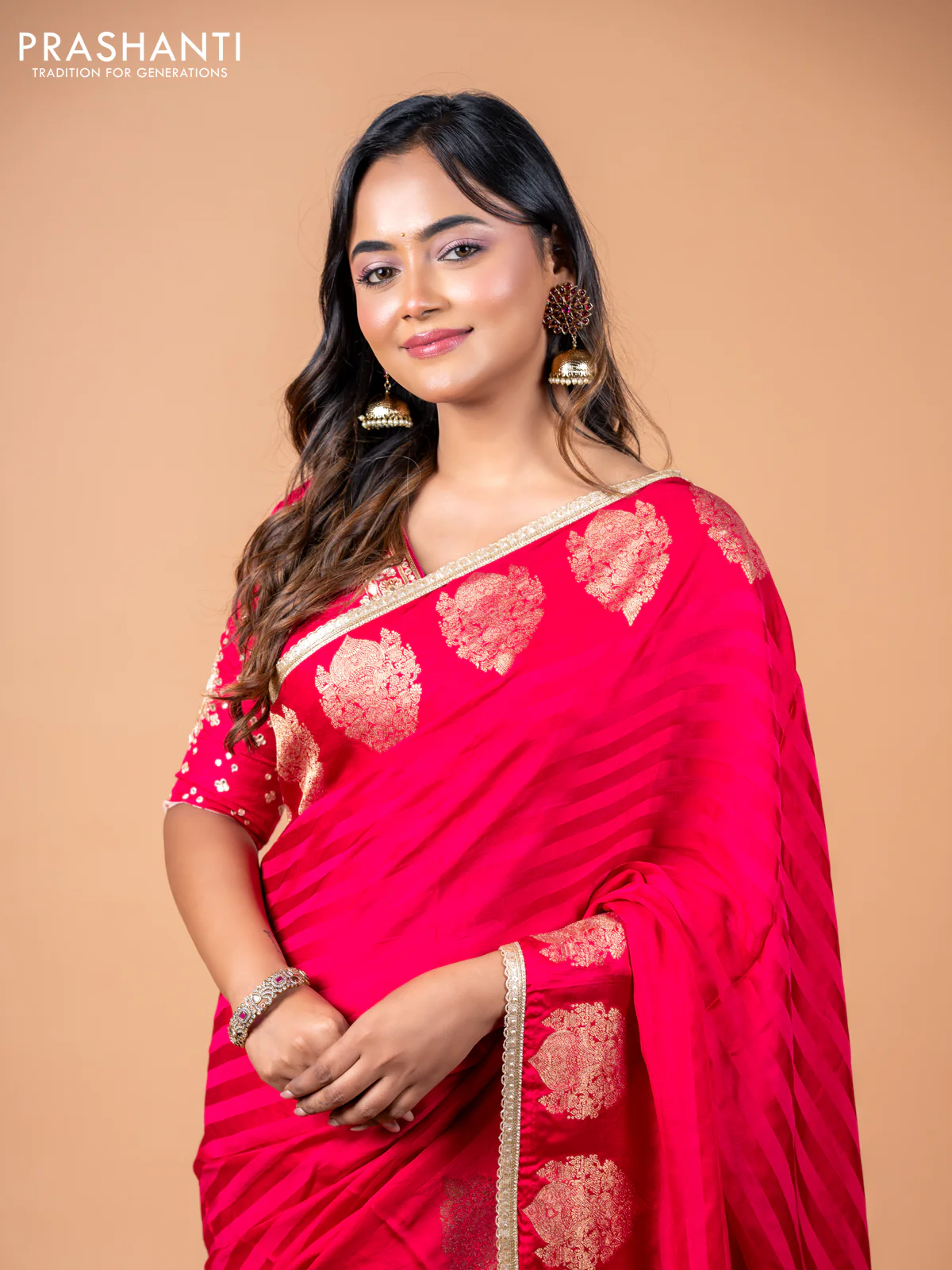 Banarasi crepe saree pink with stripes pattern and mirror work & banarasi style border - Image 2
