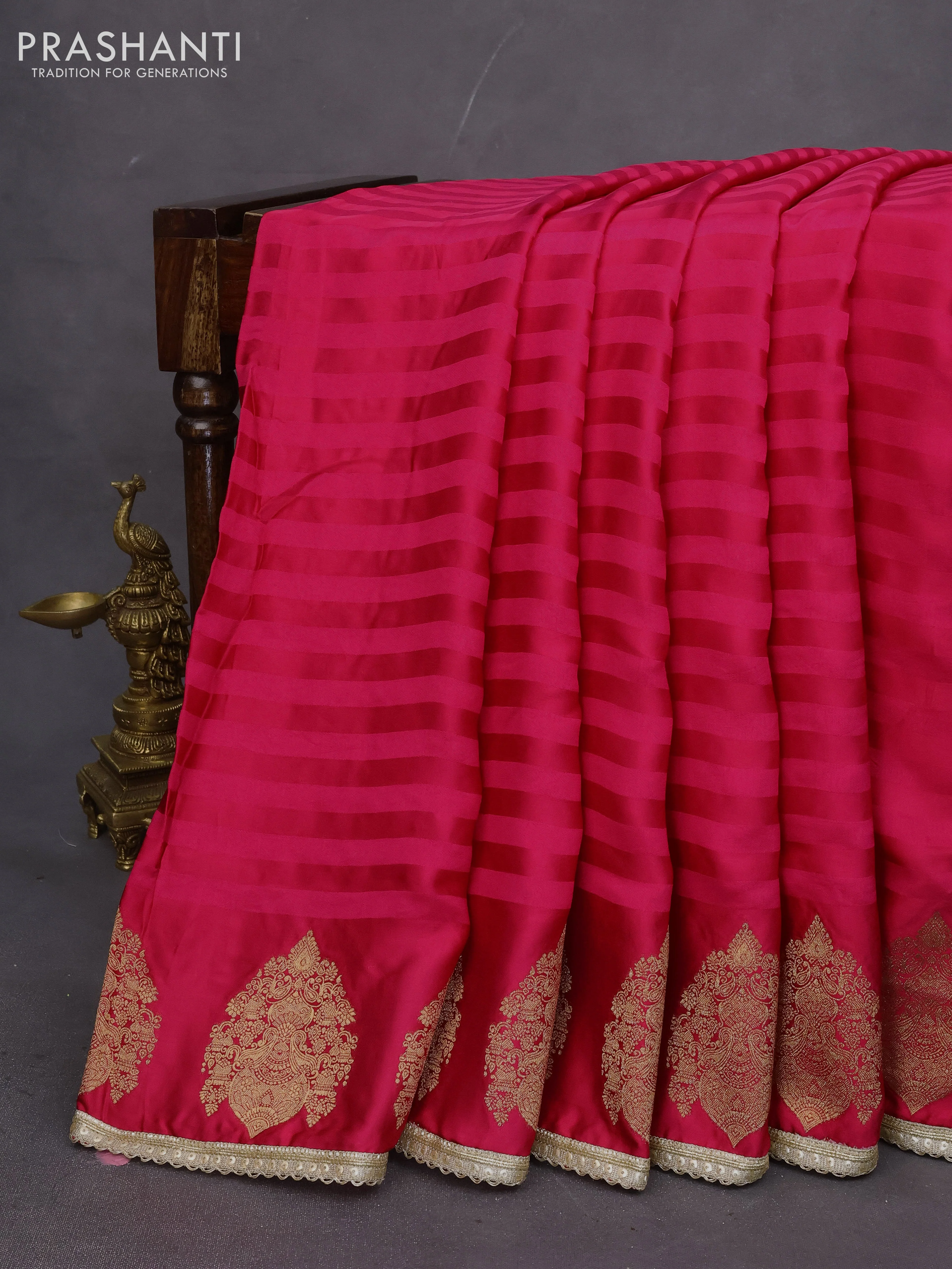 Banarasi crepe saree pink with stripes pattern and mirror work & banarasi style border - Image 3
