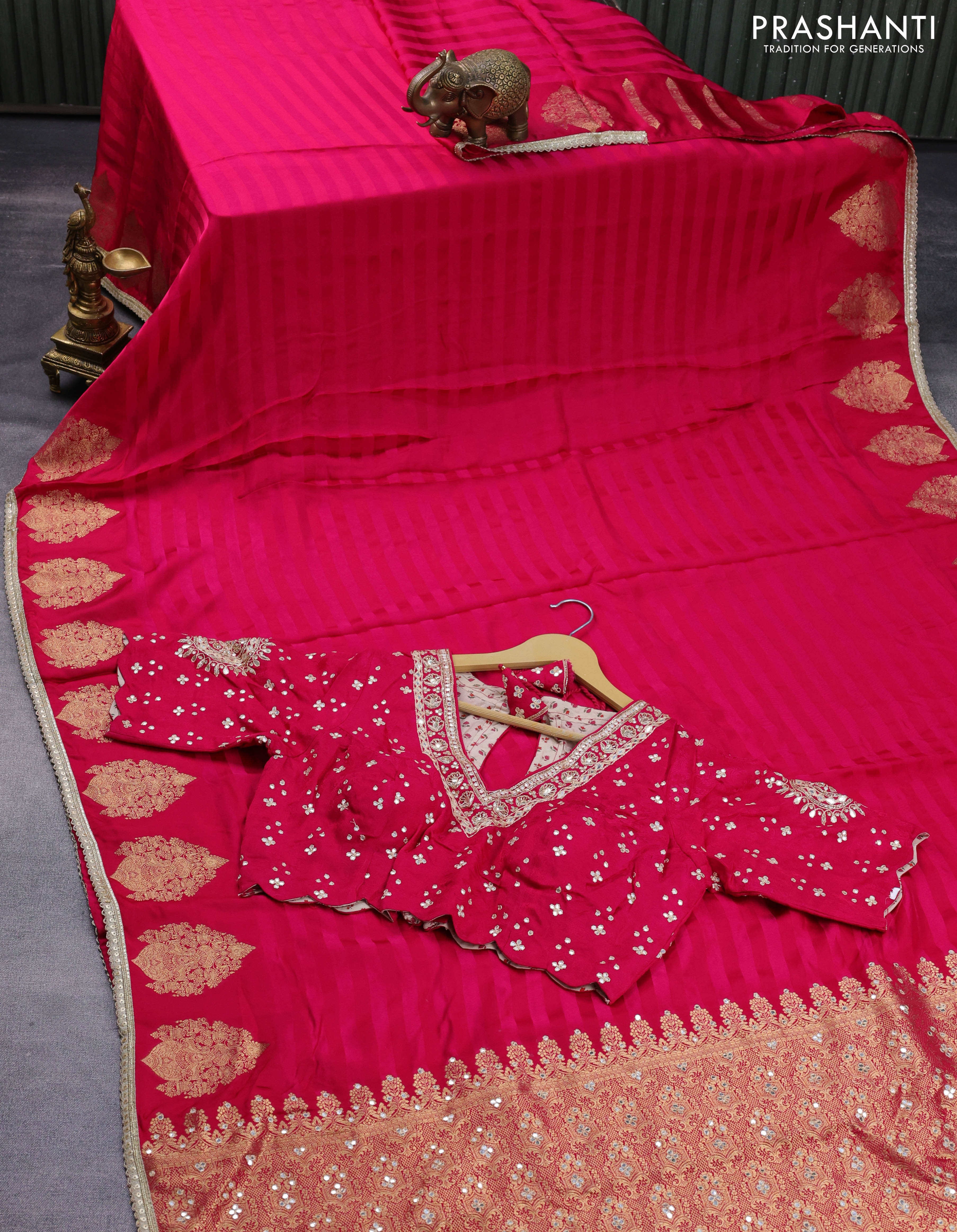 Banarasi crepe saree pink with stripes pattern and mirror work & banarasi style border - Image 4