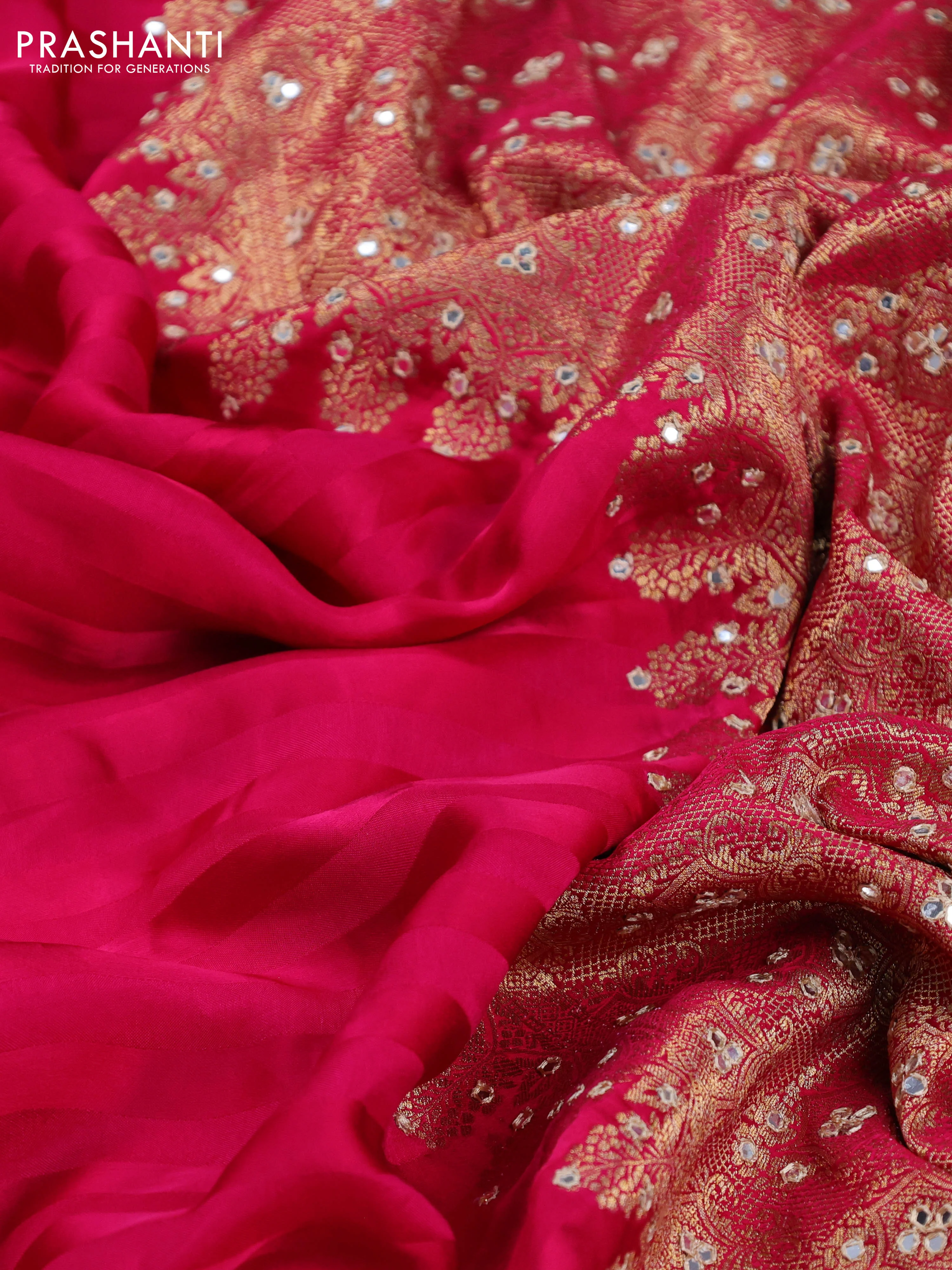 Banarasi crepe saree pink with stripes pattern and mirror work & banarasi style border - Image 5