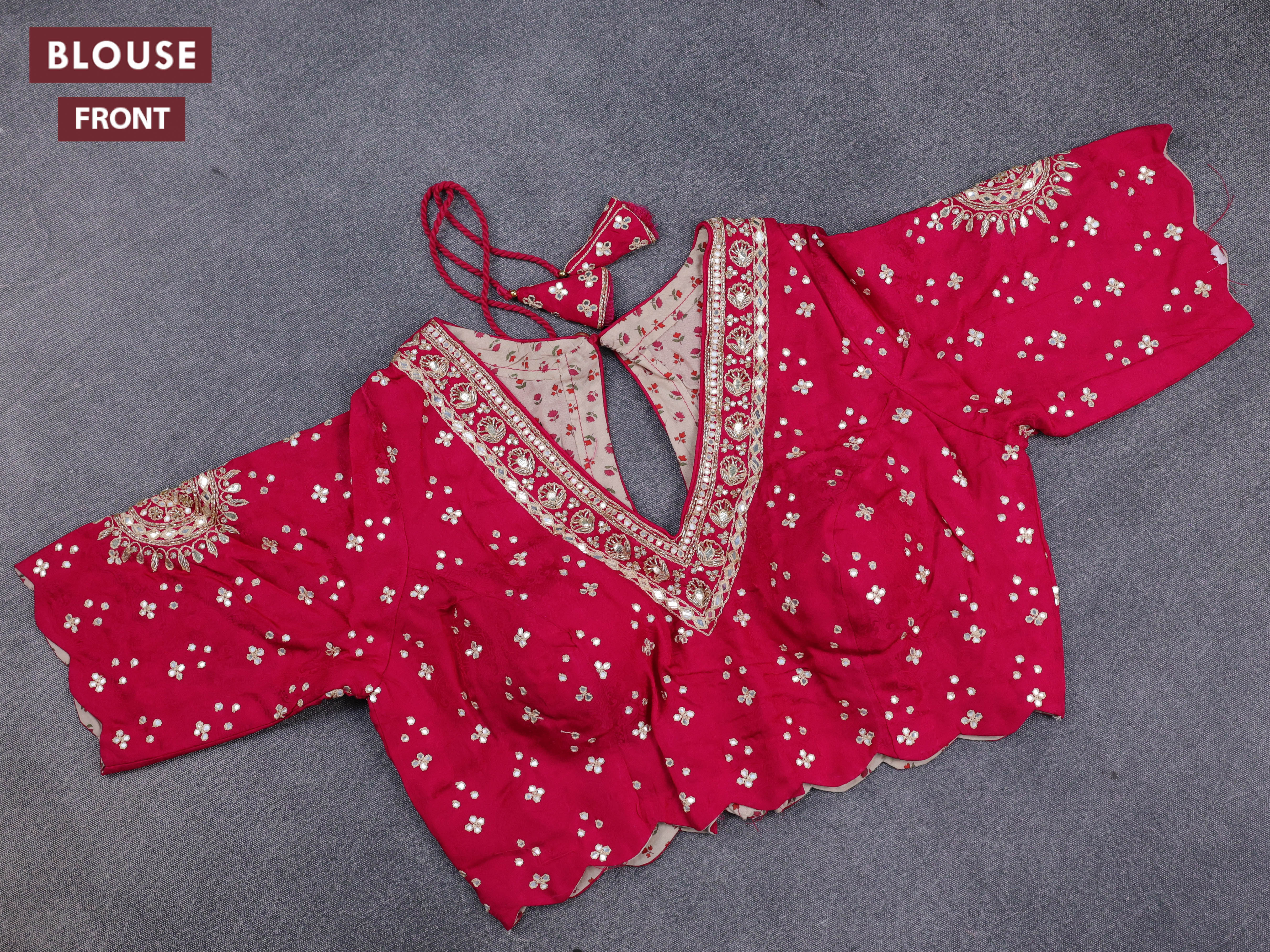 Banarasi crepe saree pink with stripes pattern and mirror work & banarasi style border - Image 6