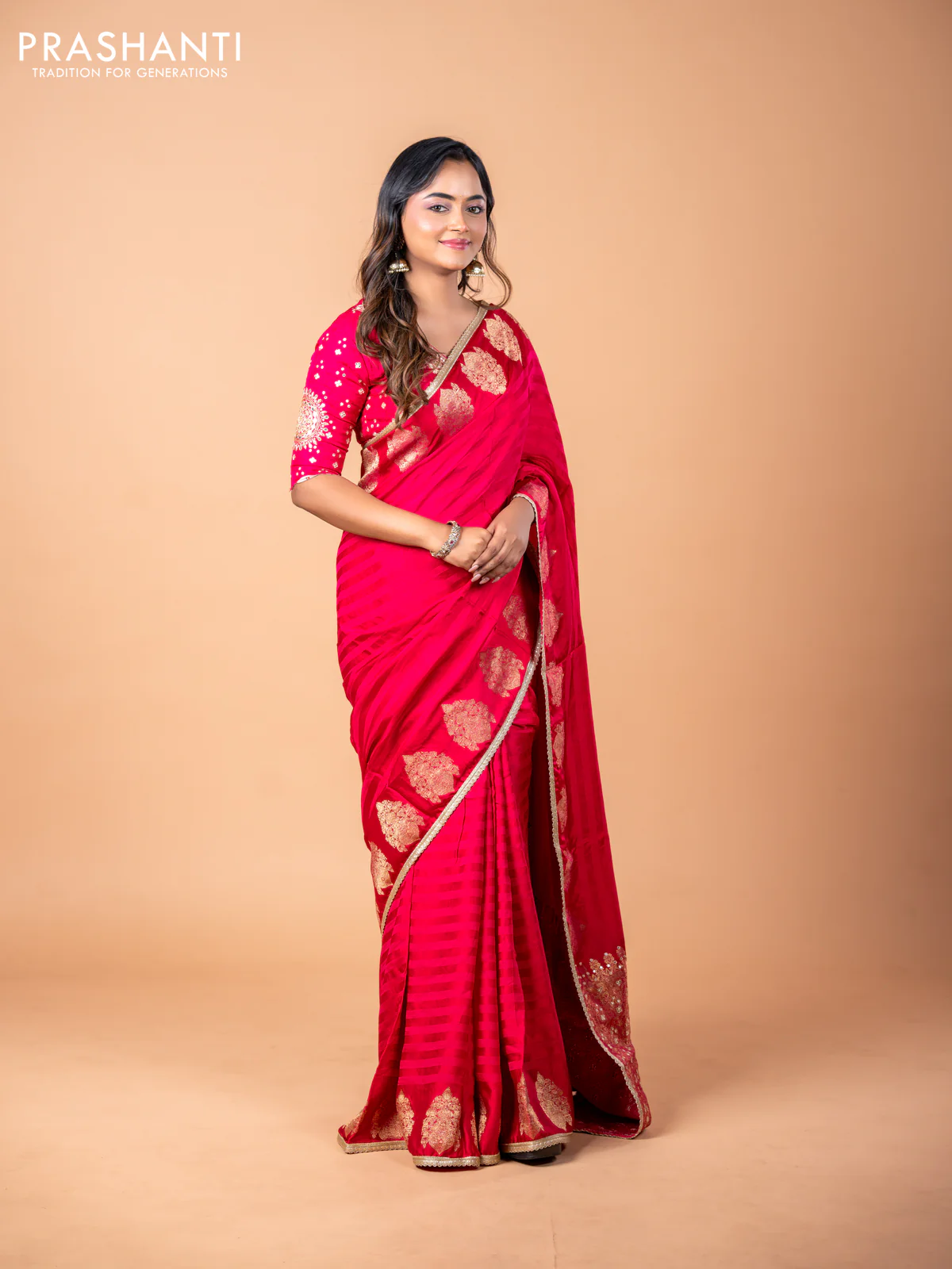 Banarasi crepe saree pink with stripes pattern and mirror work & banarasi style border - Image 8