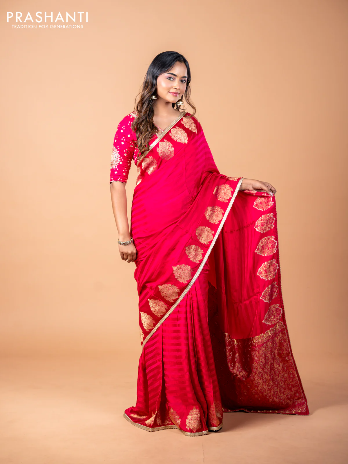 Banarasi crepe saree pink with stripes pattern and mirror work & banarasi style border - Image 9