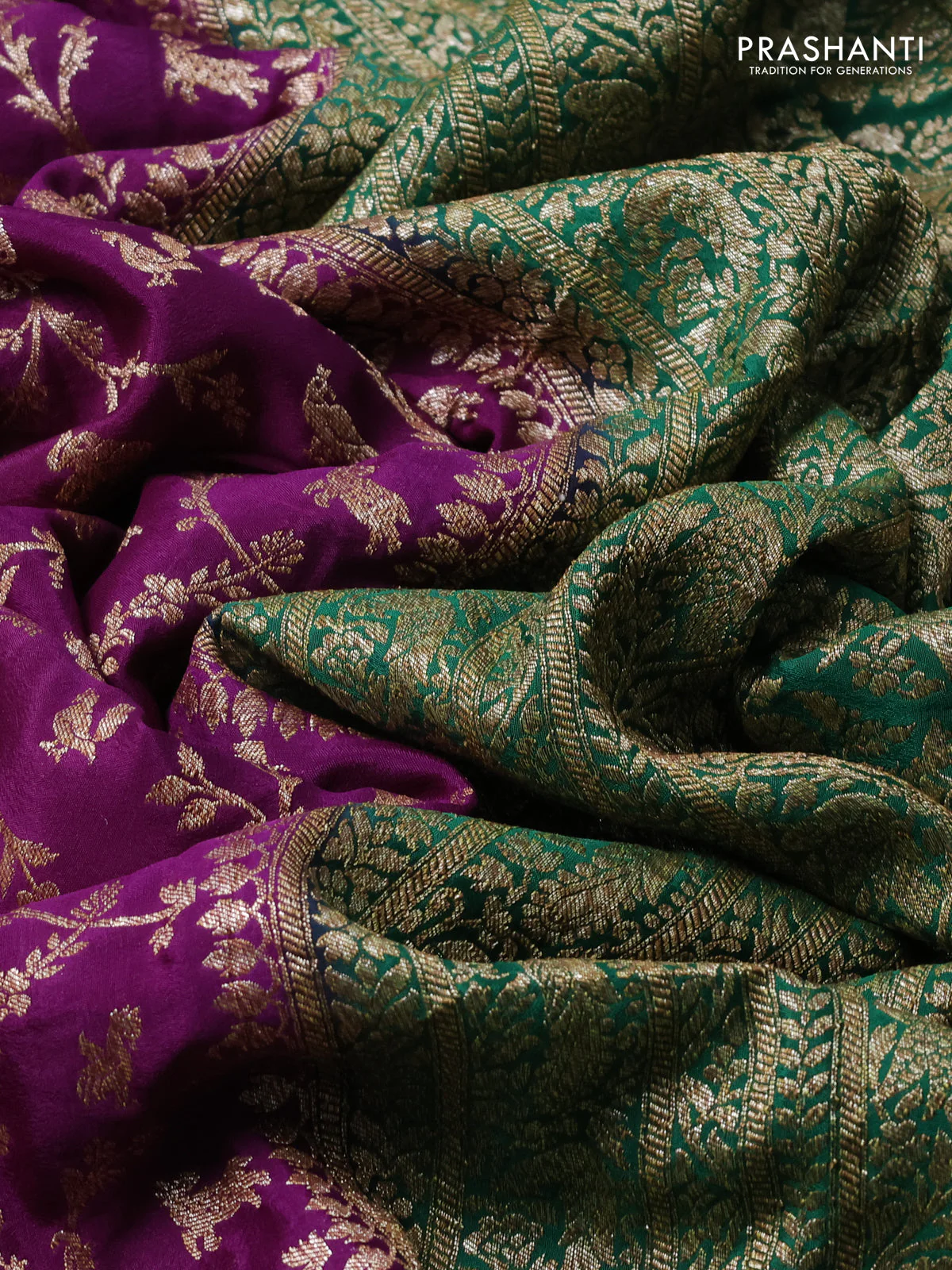 Banarasi crepe saree purple and green with allover thread & zari woven buttas and woven border - Image 3