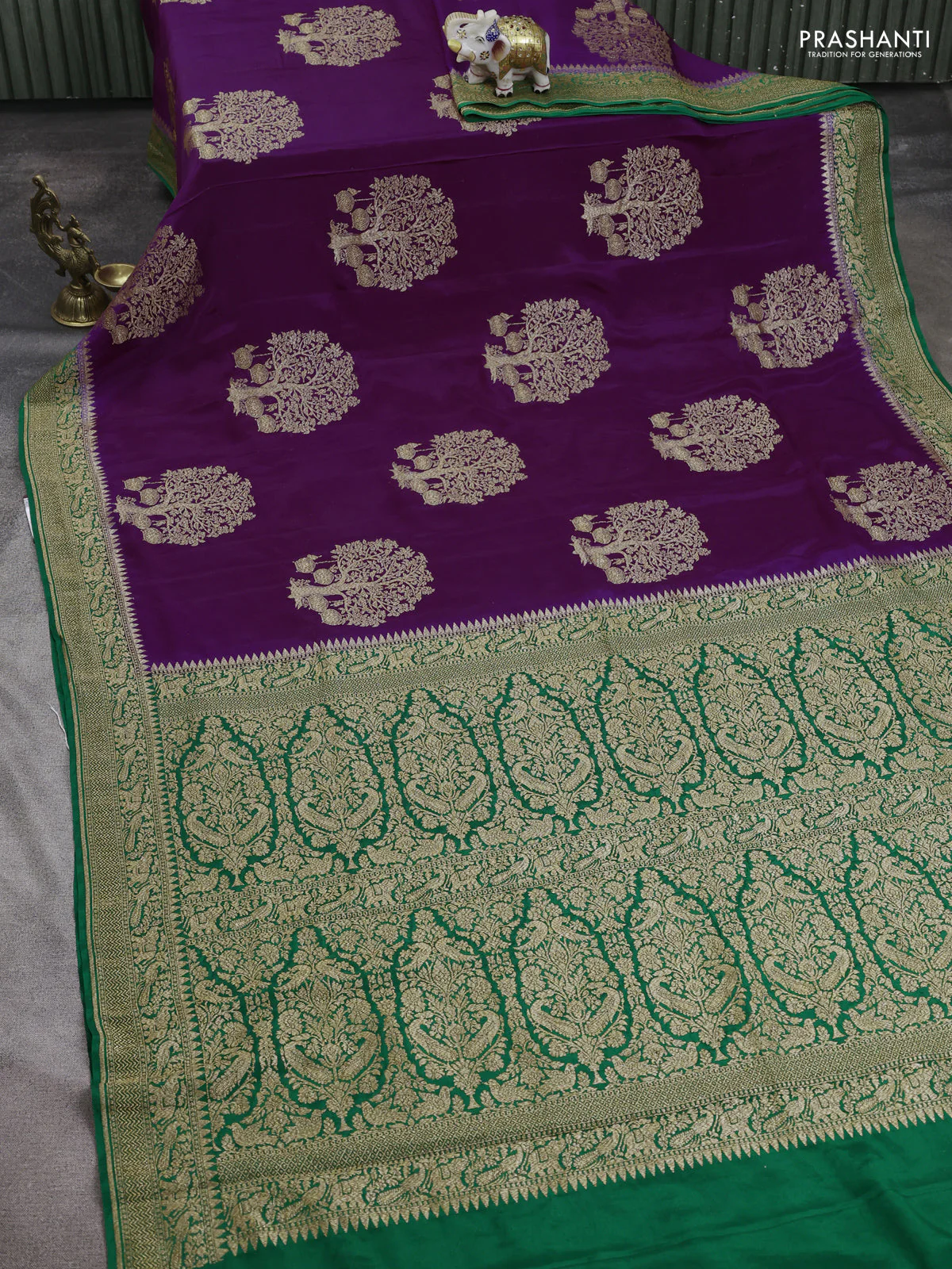 Banarasi crepe saree purple and green with thread & zari woven buttas and woven border - Image 2