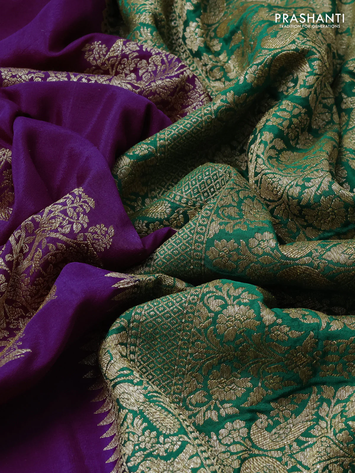 Banarasi crepe saree purple and green with thread & zari woven buttas and woven border - Image 3